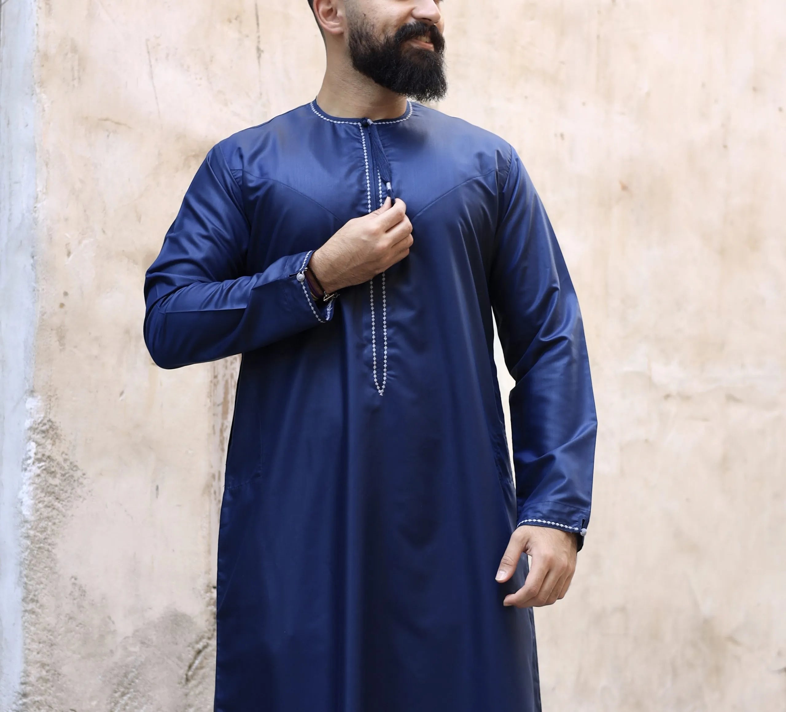 Embroidered Al Aniq Thobe for Men - Premium Islamic Jubbah in Blue - Perfect for Eid, Ramadan & Special Occasions