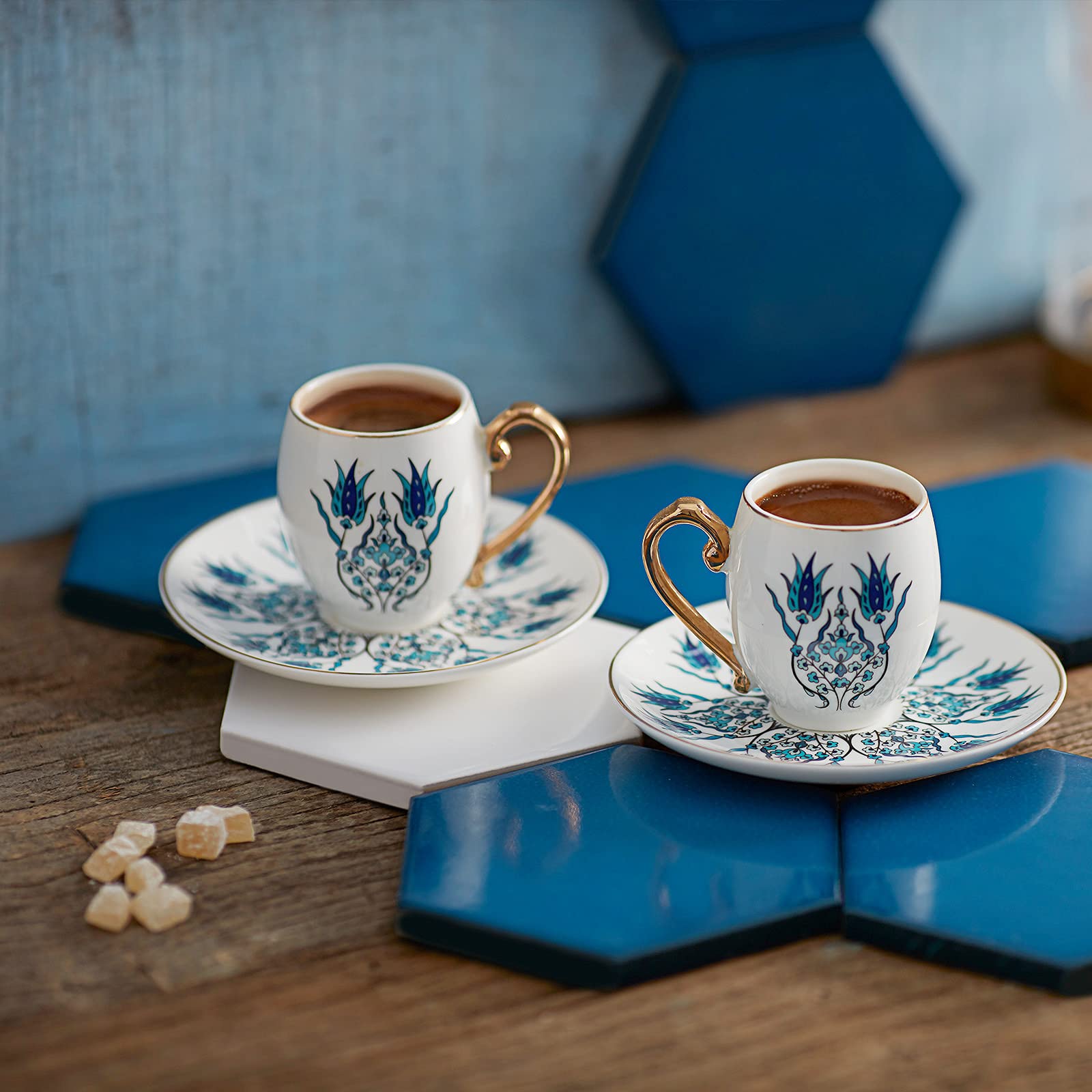 Decoret 6-Piece Porcelain Espresso Cup and Saucer Set - Small Demitasse Coffee Cups for Espresso & Turkish Coffee, White & Blue Ceramic Gift Box Set - Perfect for Home, Cafe, and Office Use