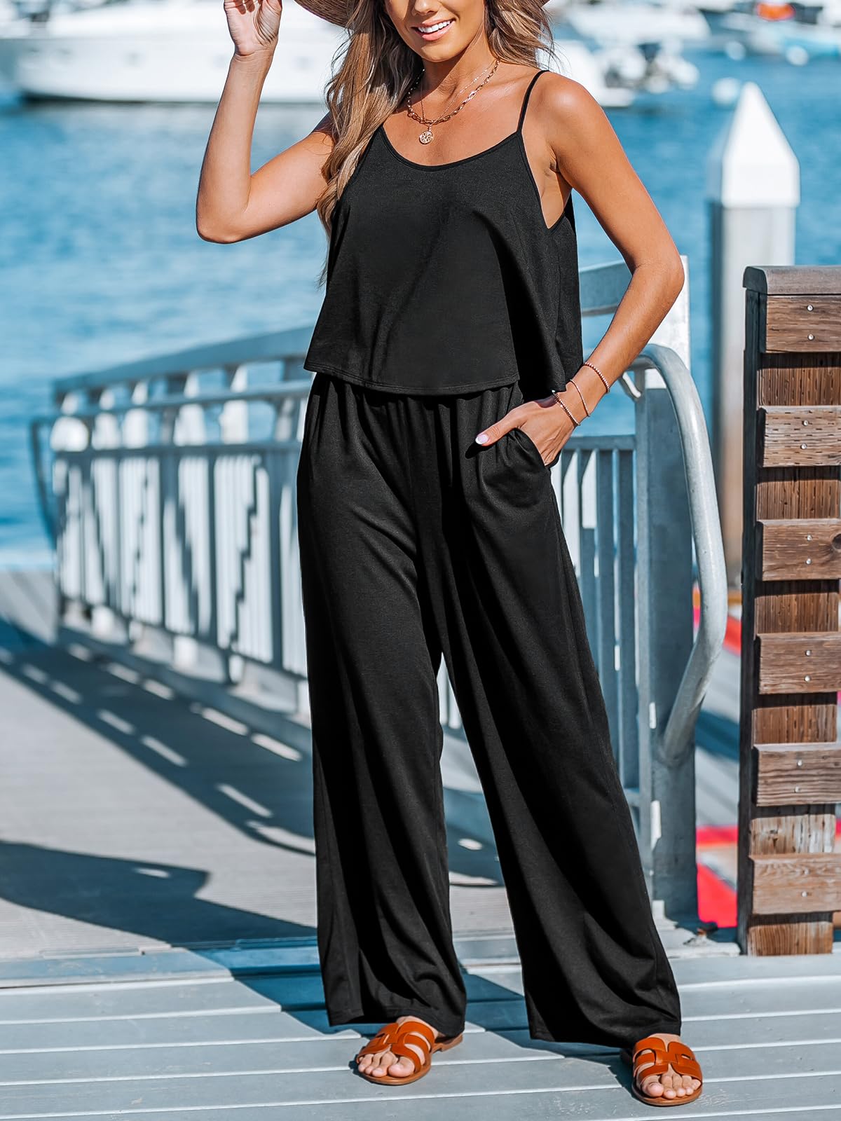 CUPSHE Women's Flounce Sleeveless Jumpsuit - Scoop Neck Wide Leg Romper for Casual & Dressy Occasions | Perfect for Summer Outings, Beach Vacations & Date Nights (Size S)