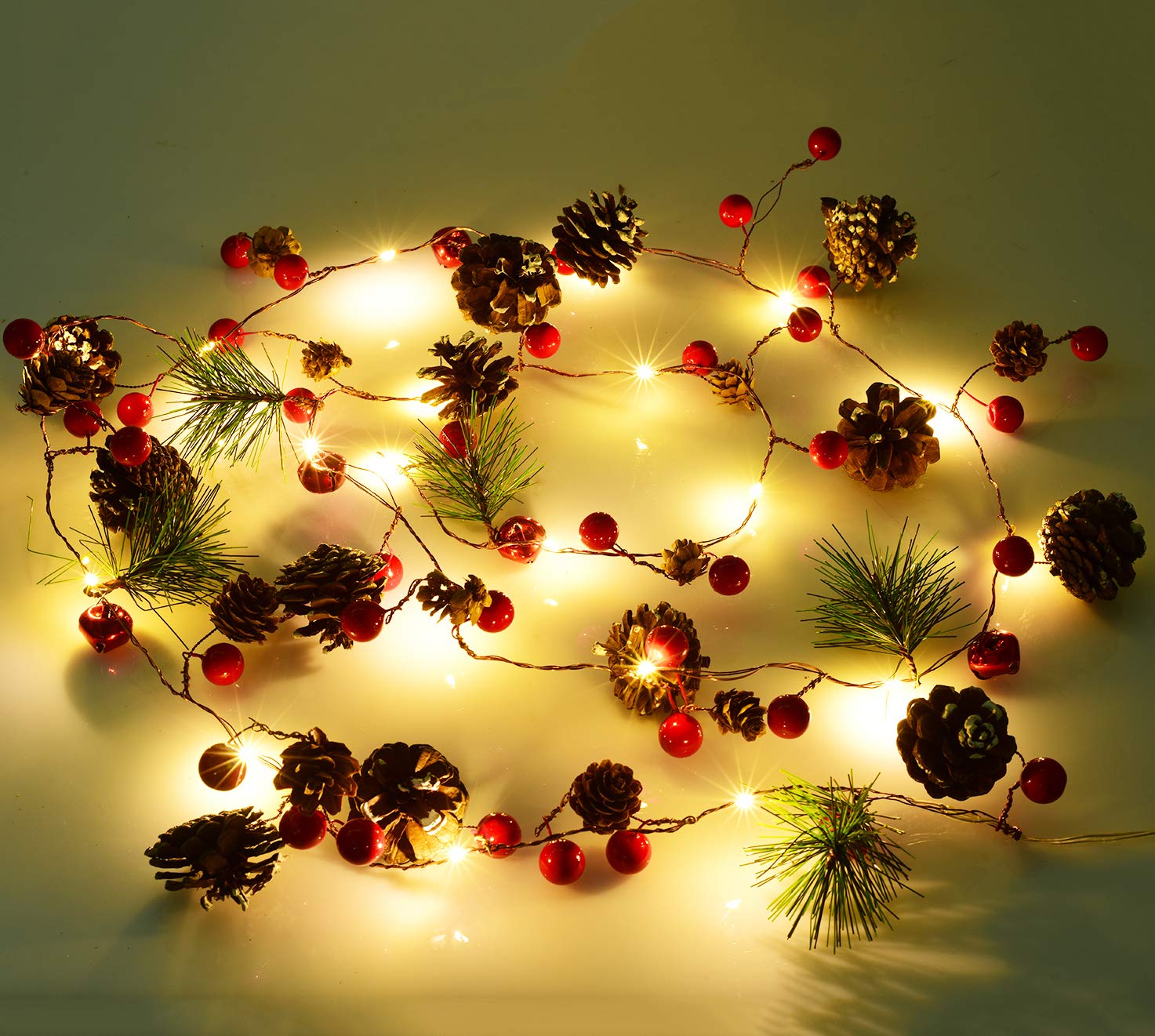 6.7FT Christmas Garland with 20 LED Lights - Battery Operated Red Berry Pine Cone Garland String Lights for Fireplace, Mantel, Staircase - Festive Holiday Home Decorations for Christmas Tree, Windows and Indoor Decor