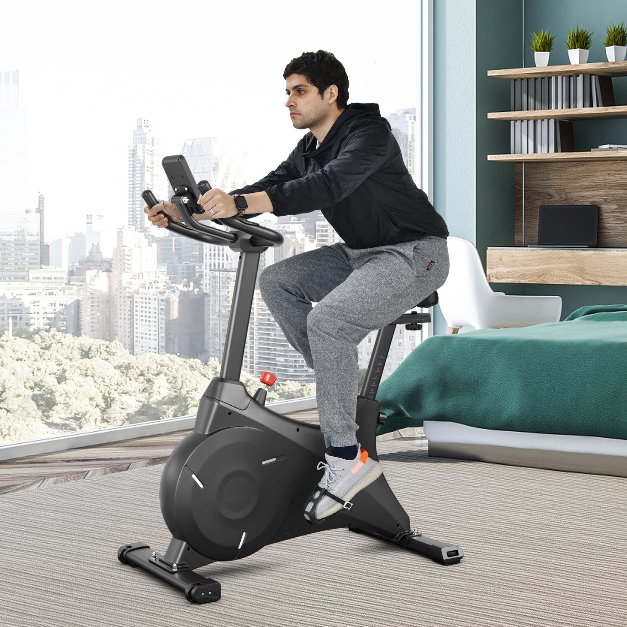 Goplus Magnetic Exercise Bike for Home Gym - Stationary Bike with Adjustable Magnetic Resistance, Safe Flywheel, Comfortable Seat Cushion, LCD Monitor & Phone Holder - Perfect for Indoor Cycling, Cardio Workout & Home Fitness Training