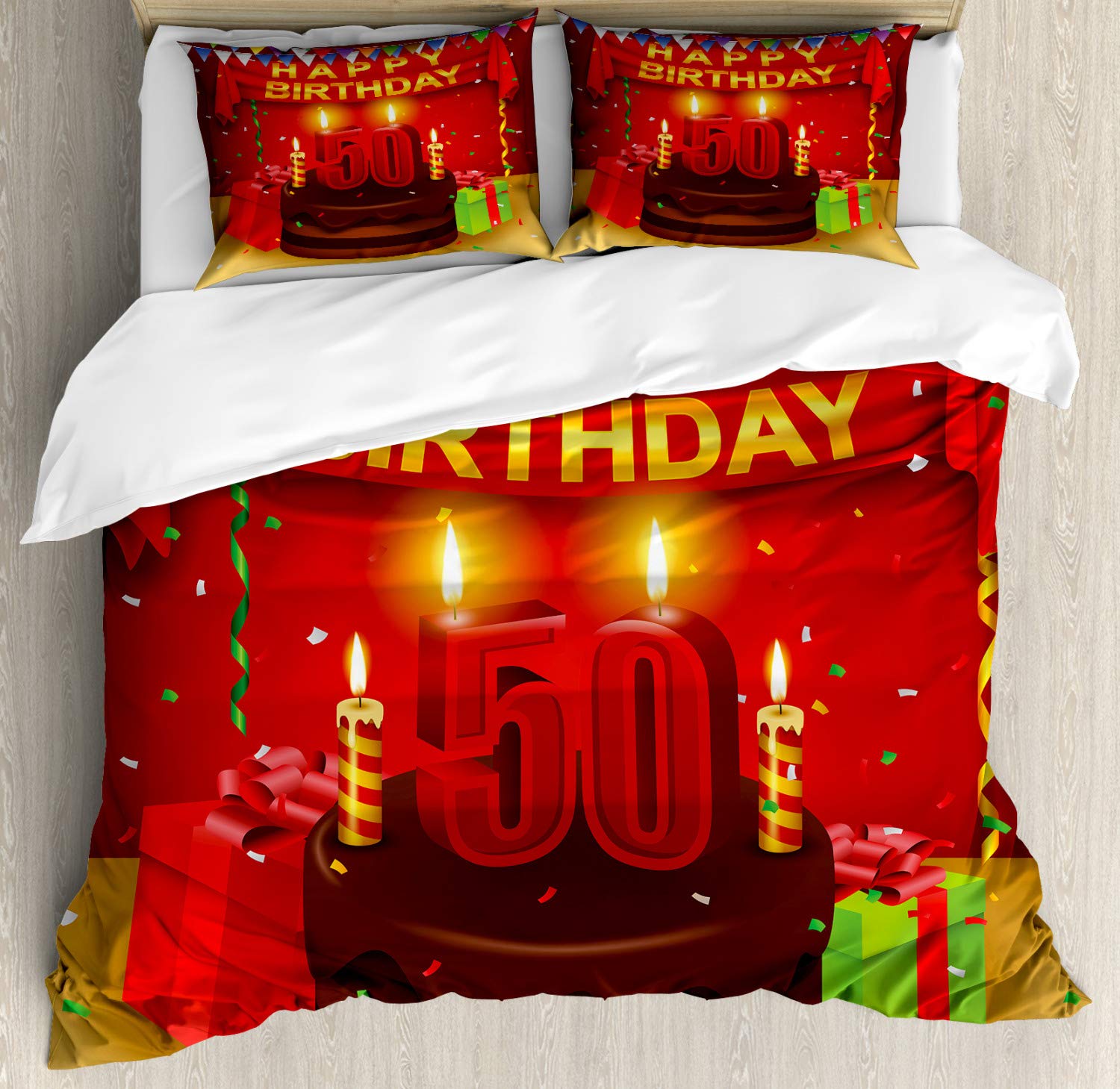 Ambesonne 50th Birthday Duvet Cover Set - Chocolate Cake with Candles, Presents & Ribbons - 3 Piece California King Bedding Set with 2 Pillow Shams - Perfect for Birthday Party Decorations & Themed Bedroom Designs