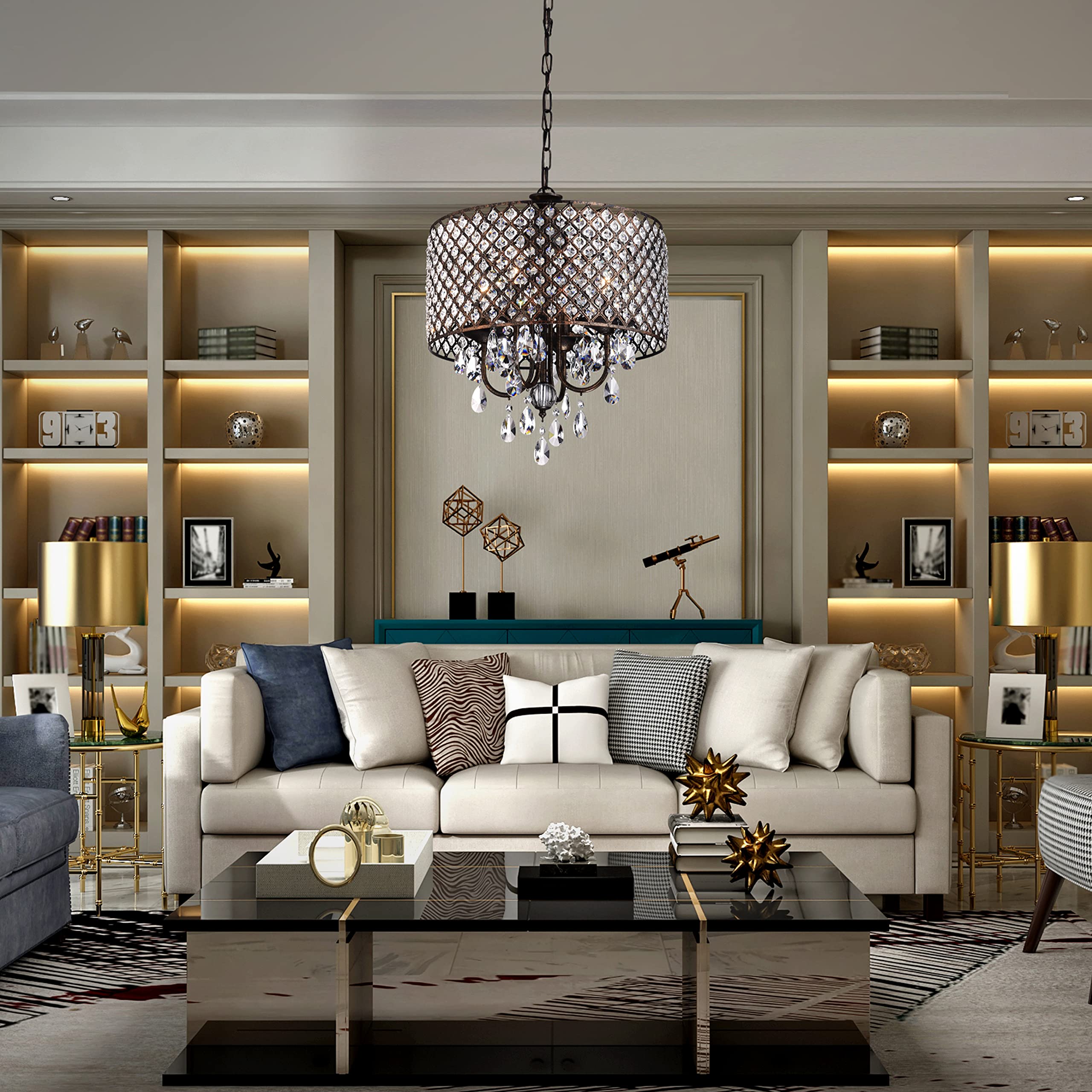 Edvivi Marya 4-Light Crystal Drum Chandelier - Antique Copper Finish Adjustable Ceiling Light with Round Crystal Shade for Living Room, Bedroom, Kitchen | Elegant Lighting Fixture for Dining Room, Entryway & Home Decor