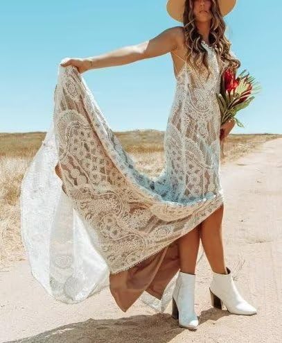 Boho Vintage Lace Wedding Dress for Bride - Mermaid Beach V Neck Bohemian Bridal Gown with Slit | Perfect for Beach Weddings, Boho Chic Ceremonies & Romantic Photoshoots