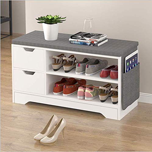 White Shoe Storage Bench with Cushion & Drawers - Multifunctional Entryway Shoe Cabinet Organizer for Hallway, Bedroom, or Closet - Sturdy Shoe Rack with Seating