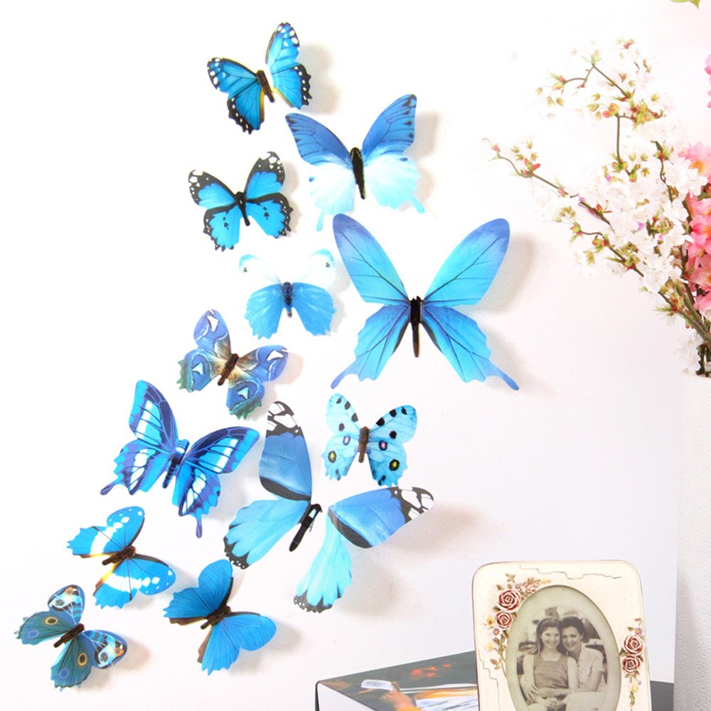 WOCACHI 12pcs 3D Butterfly Wall Stickers - Rainbow Blue Peel & Stick Removable Decals for Home Decor, Nursery, Kids Room | Easy DIY Wall Art & Mural Decoration