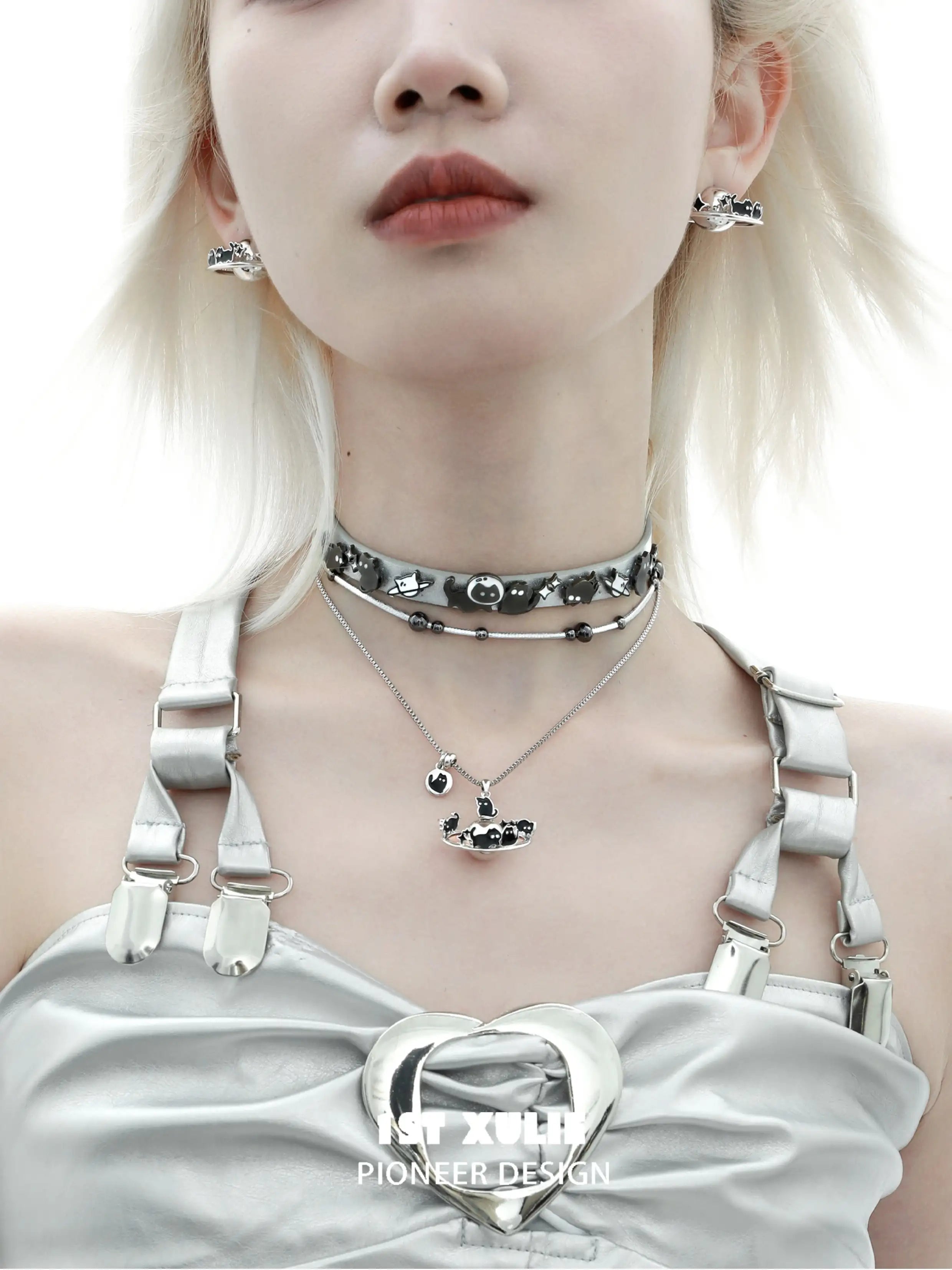 18K Black Gold Plated Leather Choker Necklace with Ghost & Black Cat Design - Gothic Jewelry for Women, Halloween Costume Accessory, Party Wear