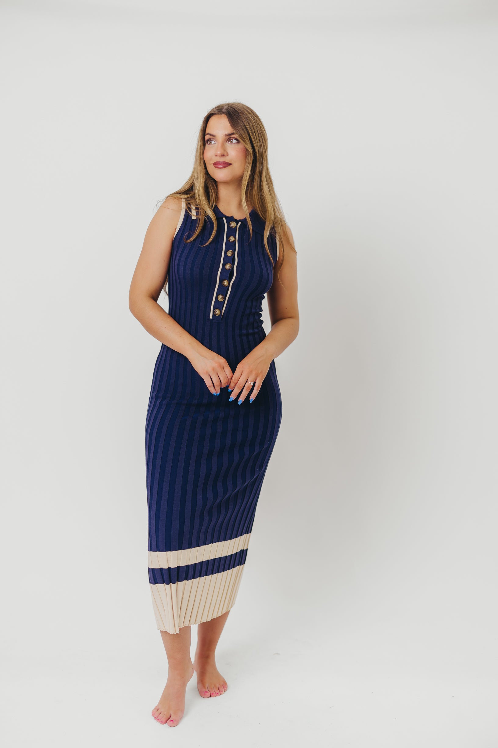 Jovie Women's Sleeveless Ribbed Maxi Dress with Button Front - Navy Blue Summer Beach Dress for Vacation, Date Night & Casual Outings
