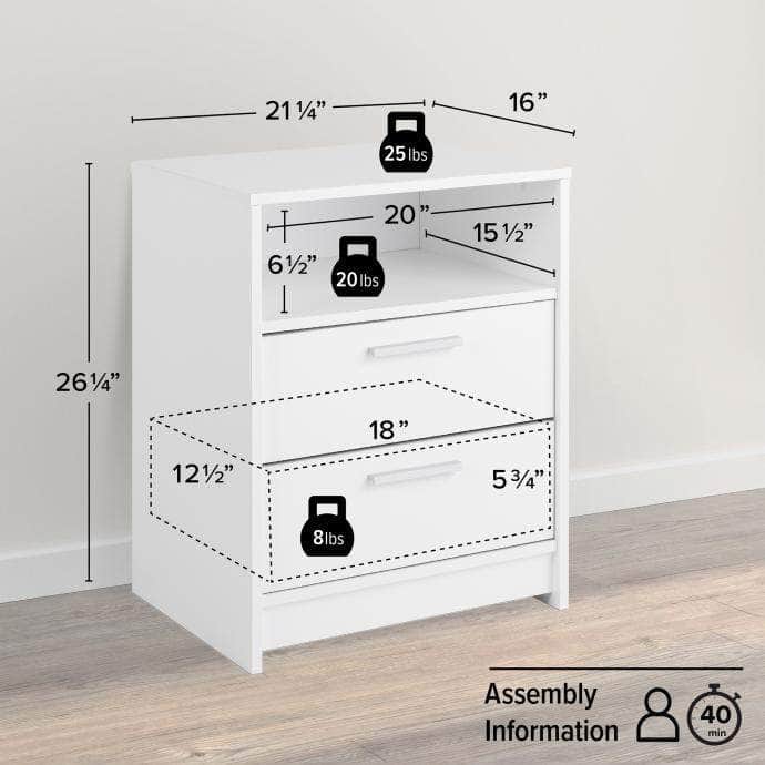 White 2-Drawer Nightstand - Modern Bedside Table for Bedroom, Living Room & Office - Compact Storage Solution with Smooth Gliding Drawers