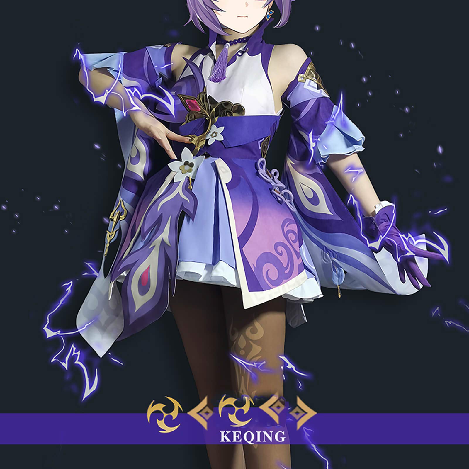 Genshin Impact Keqing Cosplay Costume Outfit Set - Official Anime Game Character Halloween Cosplay Dress for Conventions & Costume Parties