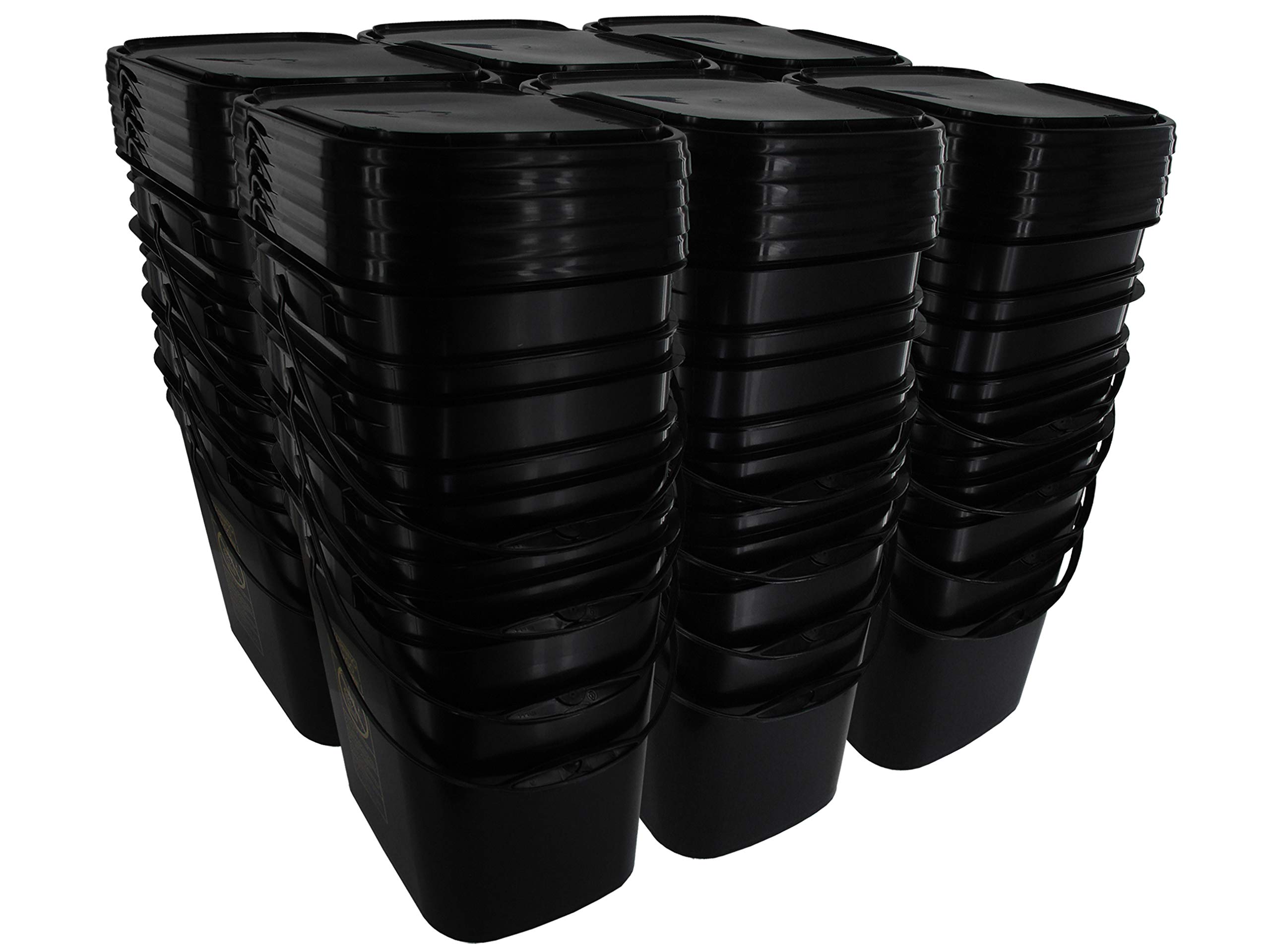 24 Pack 5.3 Gallon Black Rectangular Buckets with Hinged Snap Lids - Heavy Duty Storage Containers for Home, Garage, and Industrial Organization