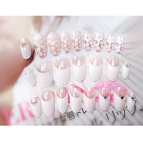 24pcs Japanese White Flower Transparent Oval False Nails - Long Full Cover Artificial Nails with Diamond Decorations for Nail Art Tips (FalseB21) | Perfect for Parties, Weddings, and Special Occasions