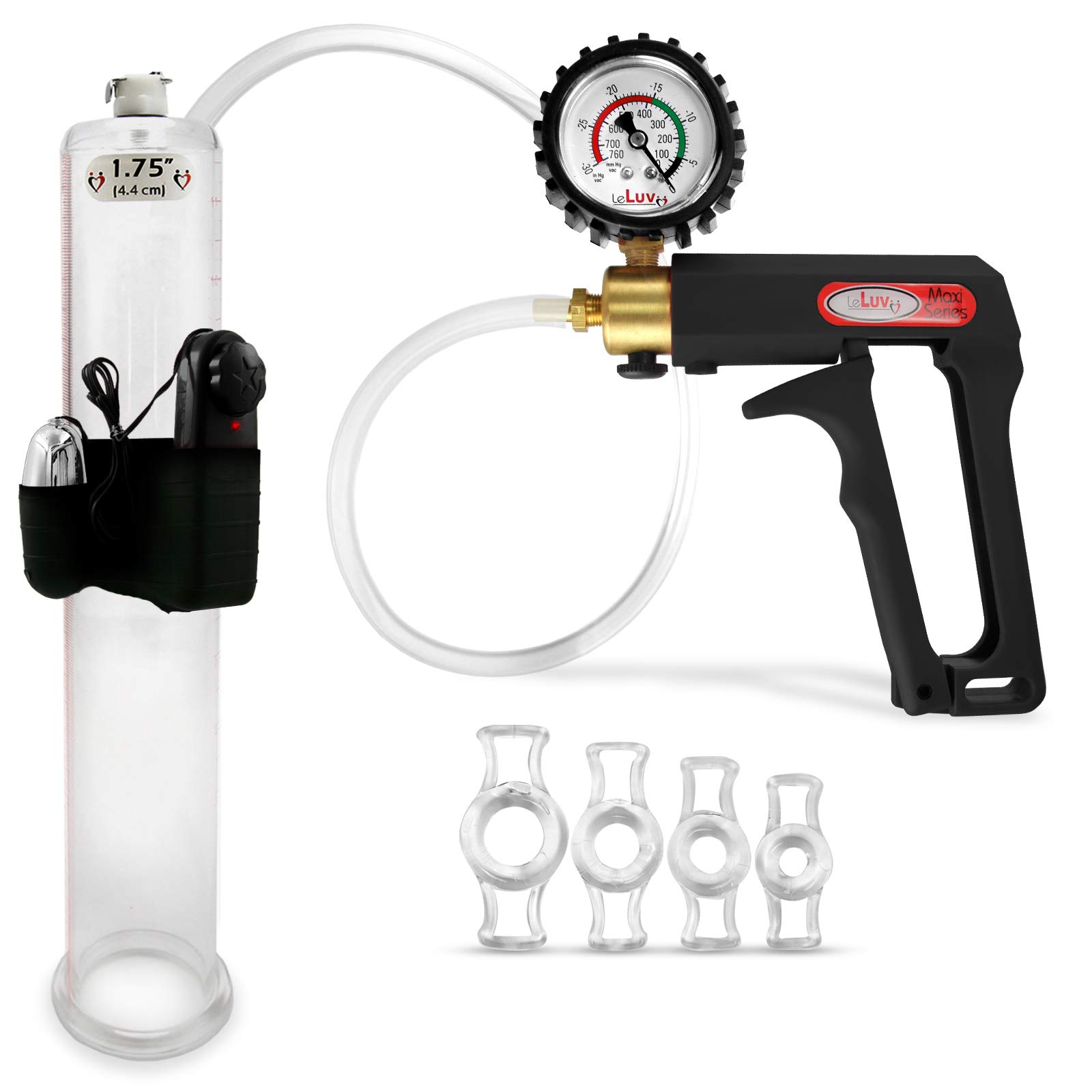 **LeLuv Vibrating Penis Pump with Maxi Black Handle, Protected Gauge, Clear Hose & 4 Sizes of Constriction Rings – 12