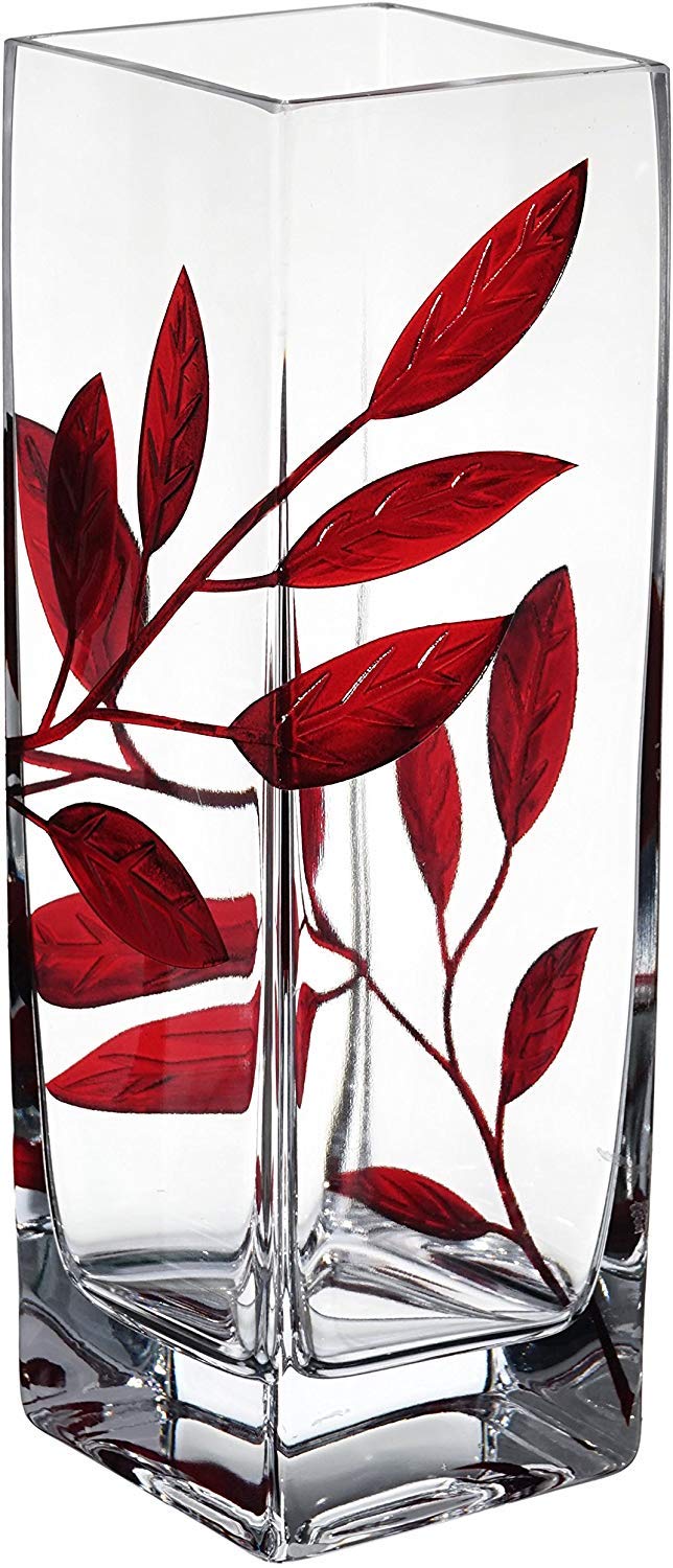 Luxury Hand Blown Glass Vase with Sandblasted Red Leaf Design - 9.7 Inch Clear Square Vase in Golden Gift Box - Elegant Home Decor for Living Room, Wedding Centerpiece, Housewarming Gift