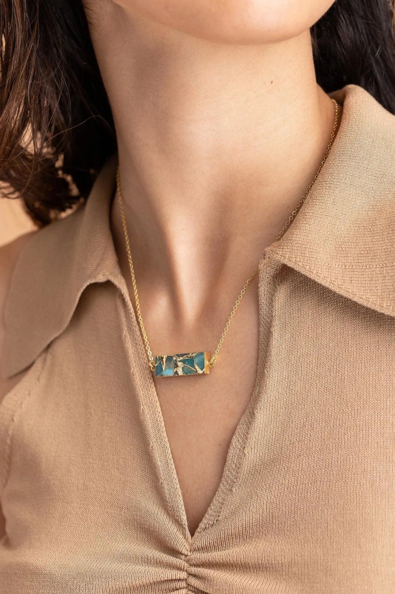 Mojave Rectangle Stone Pendant Necklace for Women - Handmade Boho Jewelry with Natural Gemstone - Perfect for Casual Wear, Layering & Gift Giving