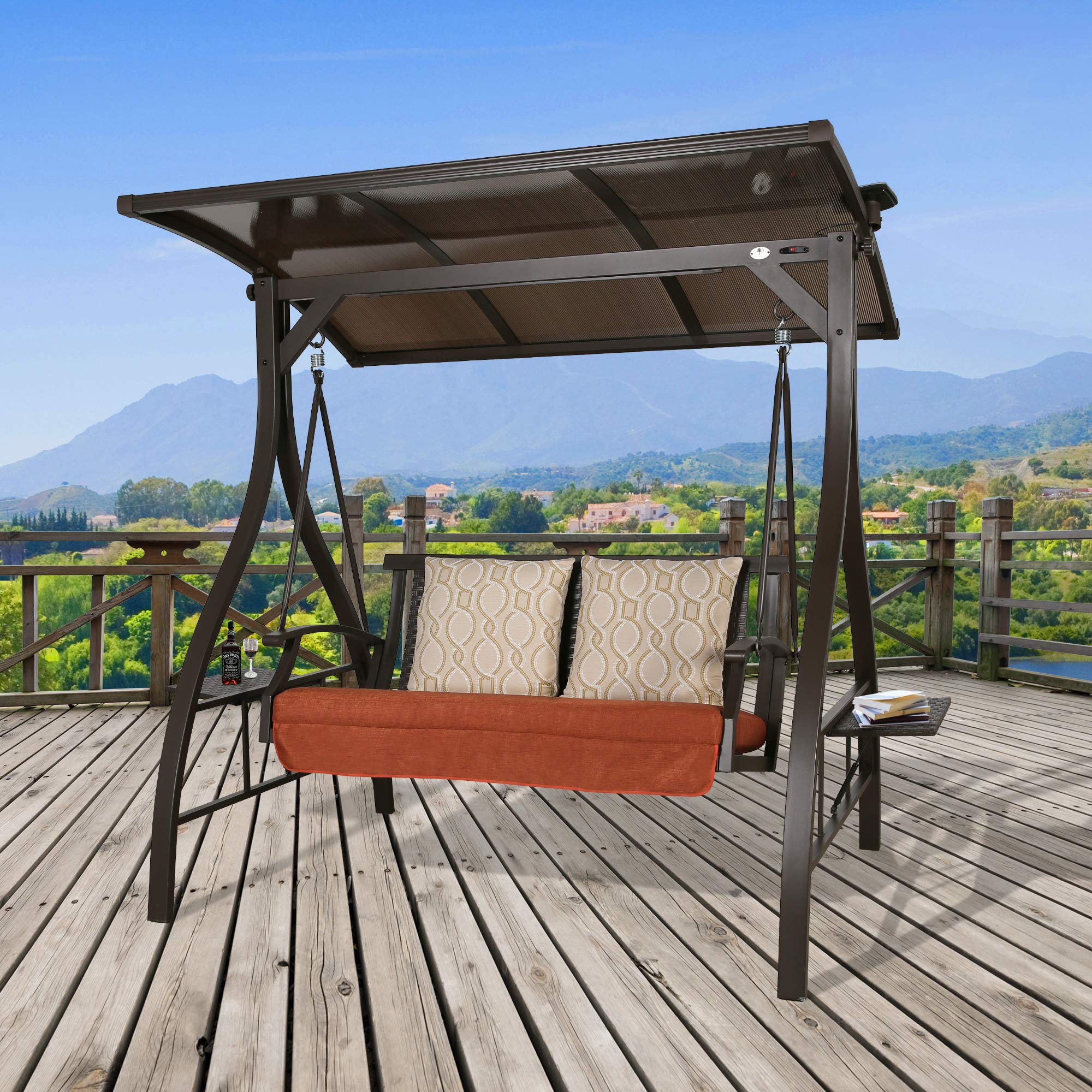 Premium 2-Seat Patio Swing with Cushions - Outdoor Porch Swing Chair with Solar Lights & Adjustable Canopy for Backyard, Garden, Deck Relaxation