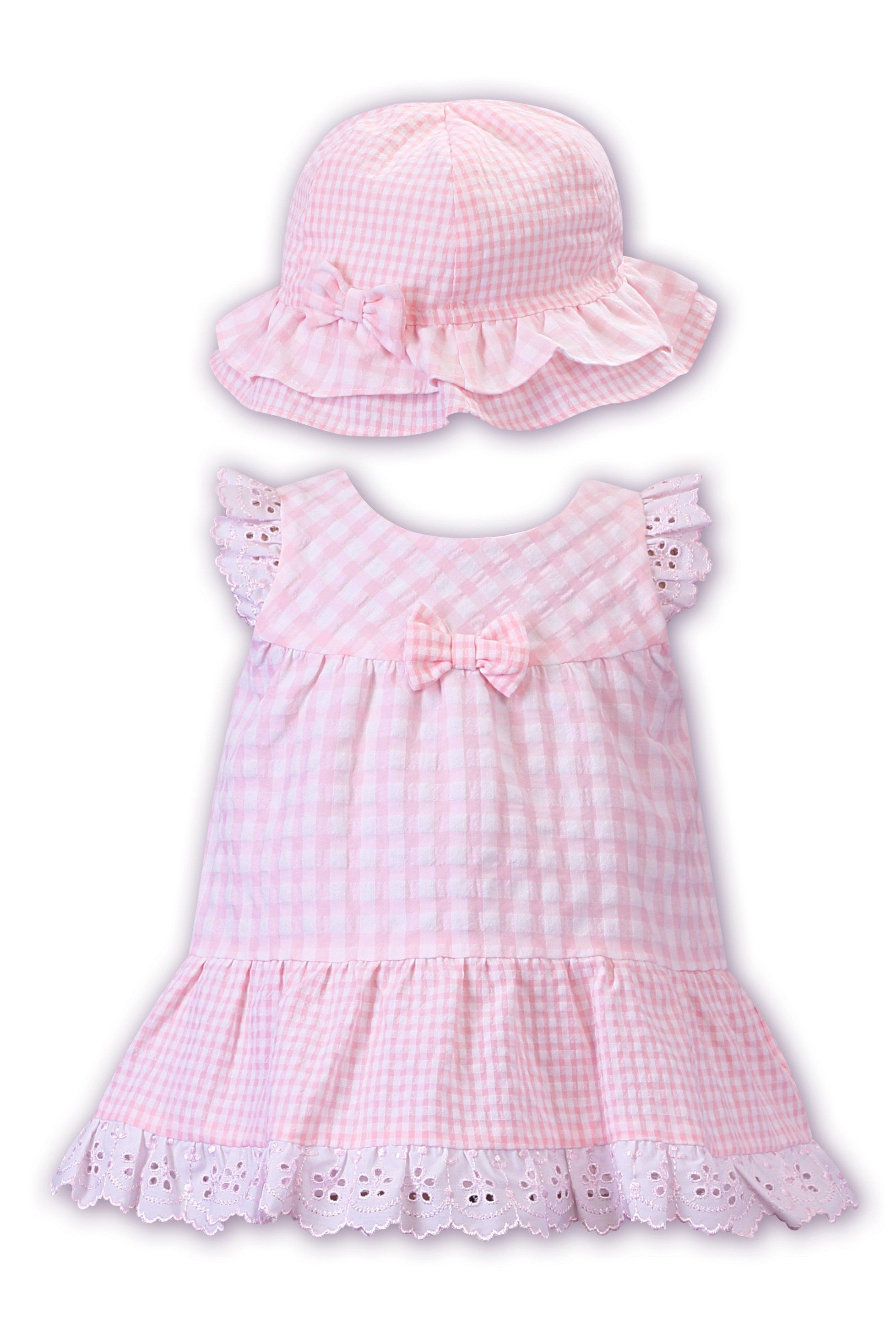 Sophia Pink Seersucker Gingham Dress with Matching Sun Hat - Summer Floral Print Outfit for Girls, Beach Vacation & Outdoor Party Wear