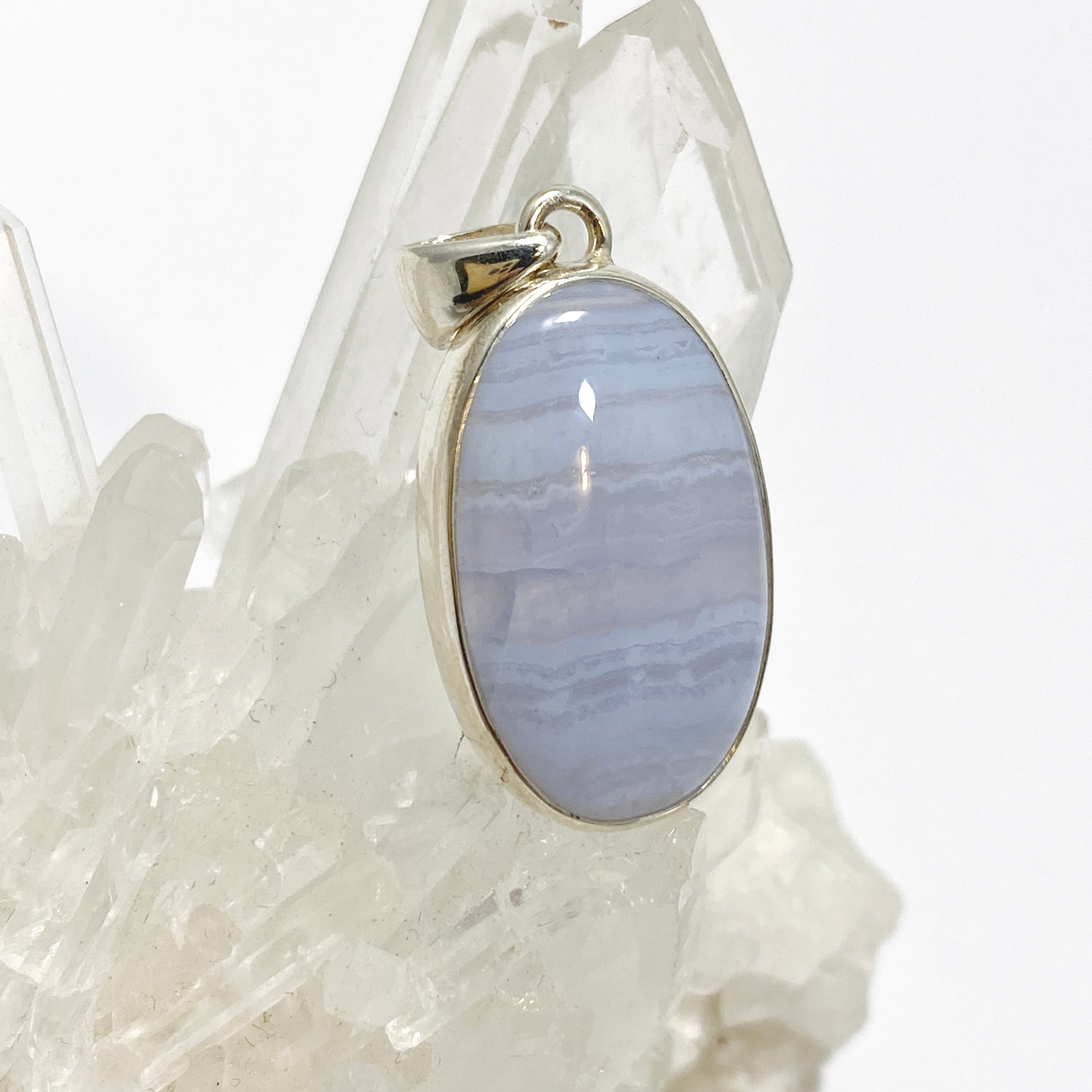 Blue Lace Agate Oval Cabochon Pendant KPGJ4820 - Natural Stone Jewelry for Women, Healing Crystal Necklace - Perfect for Meditation, Yoga & Spiritual Gifts