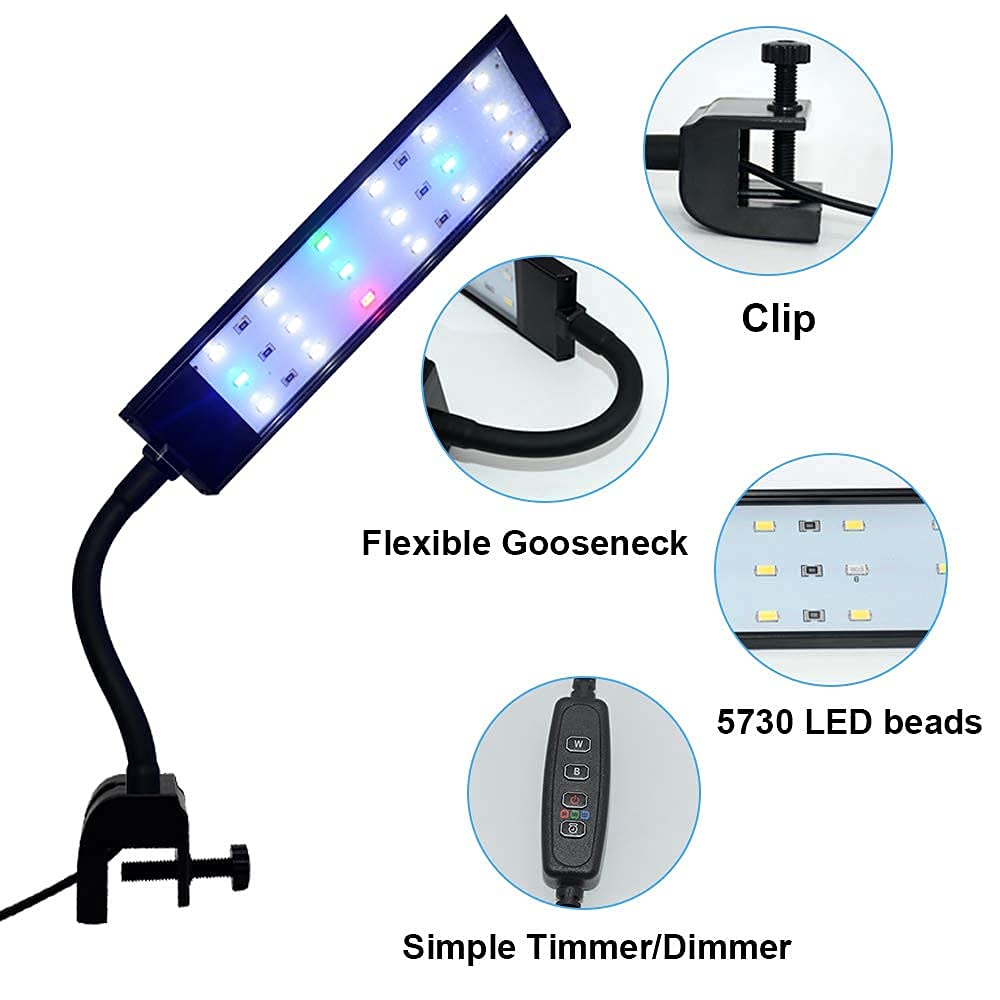 VARMHUS RGB Clip-On Aquarium Light with Timer & Dimmer - 7W Adjustable Fish Tank Lighting for Sunrise/Sunset Effects, Perfect for Freshwater Plants & Small Aquariums - Ideal for Home, Office & Aquatic Hobbyists