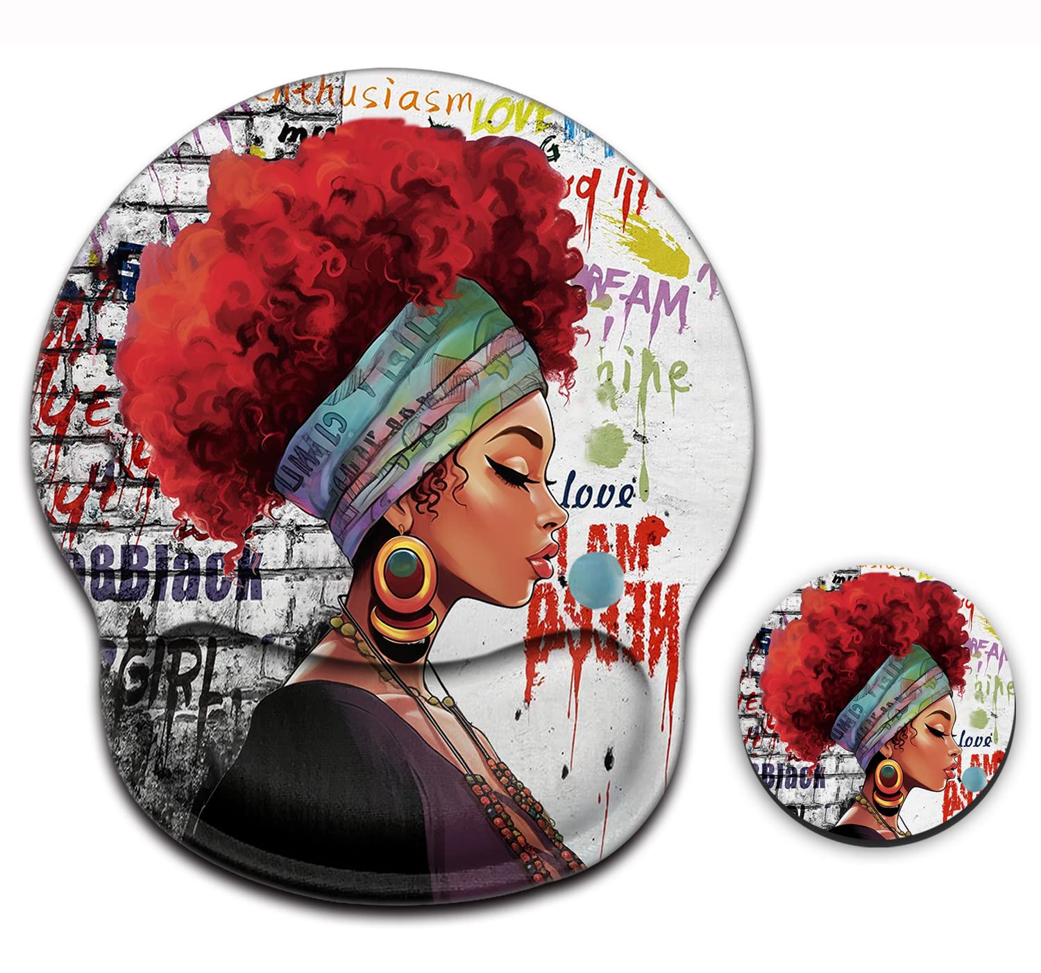 Ergonomic Mouse Pad with Wrist Support Gel - Comfortable Office & Gaming Mouse Mat for Pain Relief, Typing & Work - Includes Bonus Coaster - Perfect for Home Office, PC Gaming & Computer Workstations (African Black Woman Design)