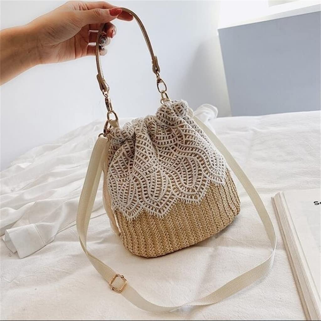 Women's Straw Woven Lace Bucket Bag - Casual Crossbody Shoulder Bag for Beach, Holiday & Everyday Use (One Size, Photo Color)