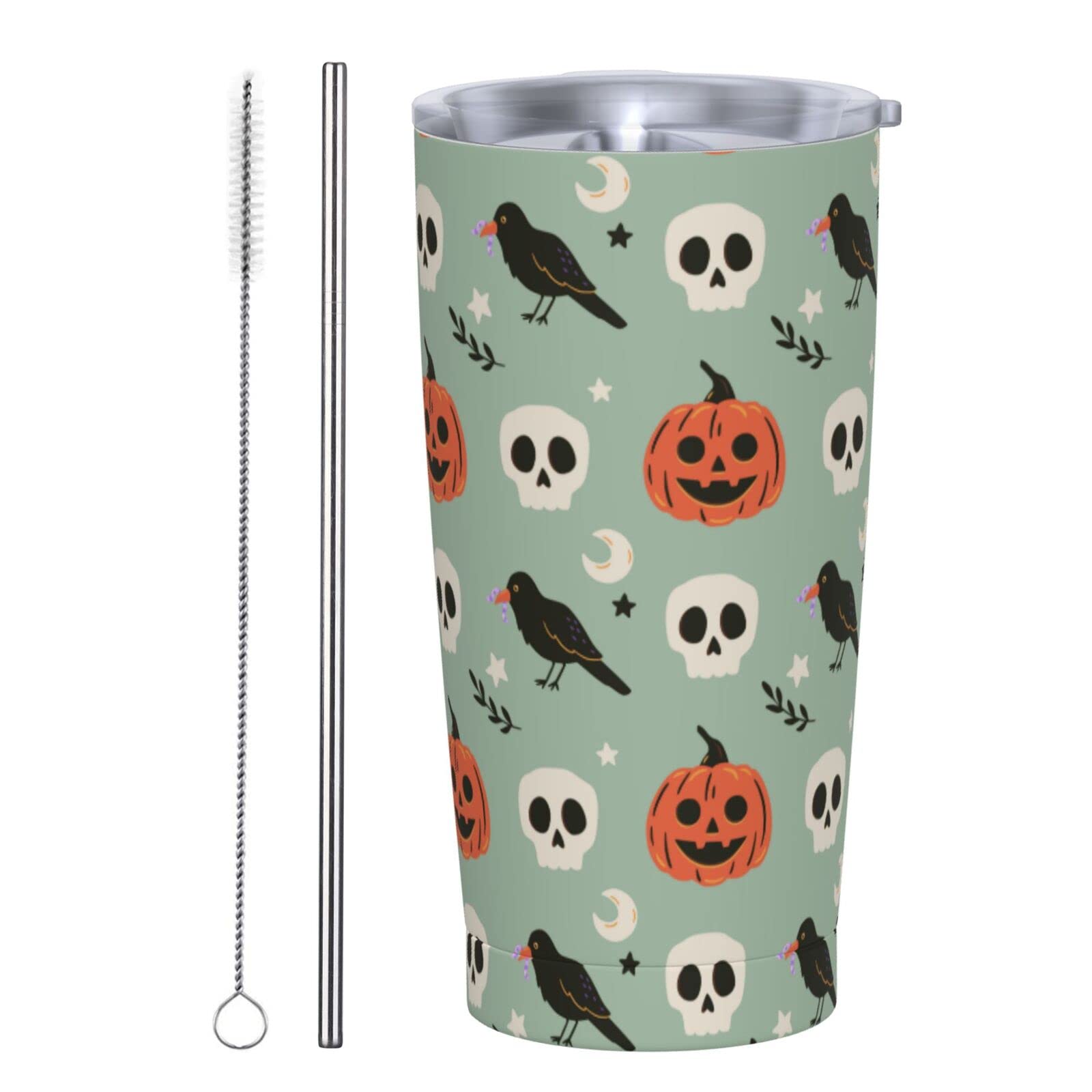 Halloween Raven Skull Pumpkin Tumbler - 20oz Insulated Travel Coffee Mug with Flip Lid | Perfect Gift for Dad, Mom, Friends Birthday | Great for Halloween Parties, Office Use & Outdoor Adventures