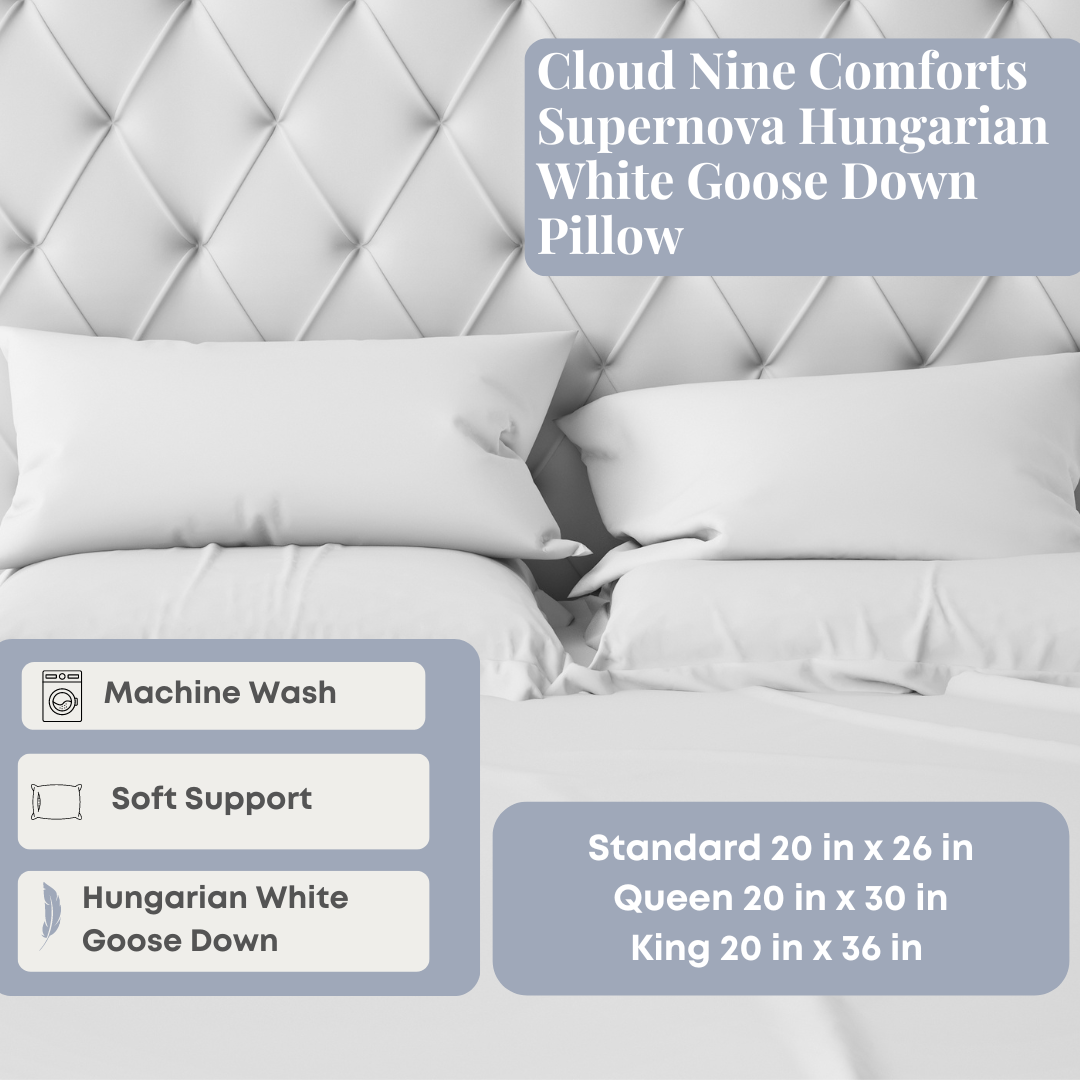 Premium Cloud Nine Comforts Supernova Hungarian White Goose Down Pillow - Ultra Soft & Hypoallergenic for Side, Back & Stomach Sleepers - Perfect for Luxury Bedroom & Hotel Style Comfort