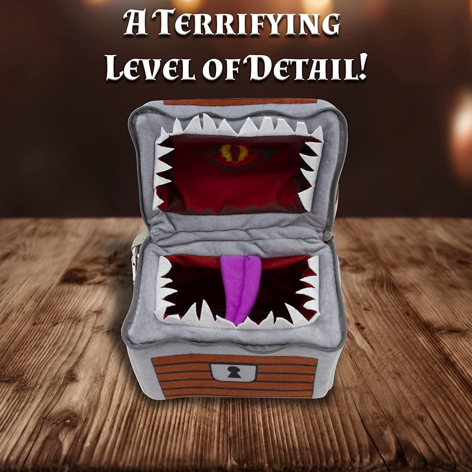 CASEMATIX Mimic Dice Chest & Dice Jail - 6.5 Inch Plush RPG Dice Storage Bag with Zipper & Carabiner - Holds 150 Dice (7 RPG Dice Included) - Perfect for D&D, Pathfinder & Tabletop Gaming Adventures