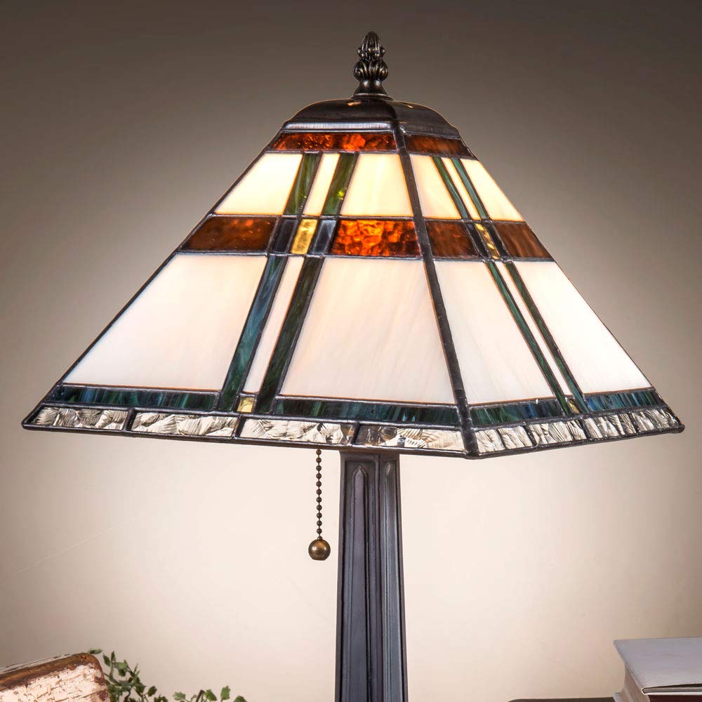 Small Tiffany Stained Glass Table Lamp - Brown Green Blue for Bedroom, Living Room & Office