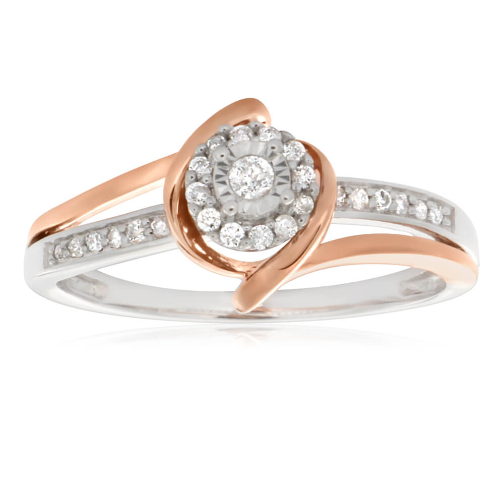9ct White Gold 0.15 Carat Diamond Ring with Disc Setting and Rose Rhodium - Elegant Wedding Band, Anniversary Gift for Her, Perfect for Engagement & Special Occasions
