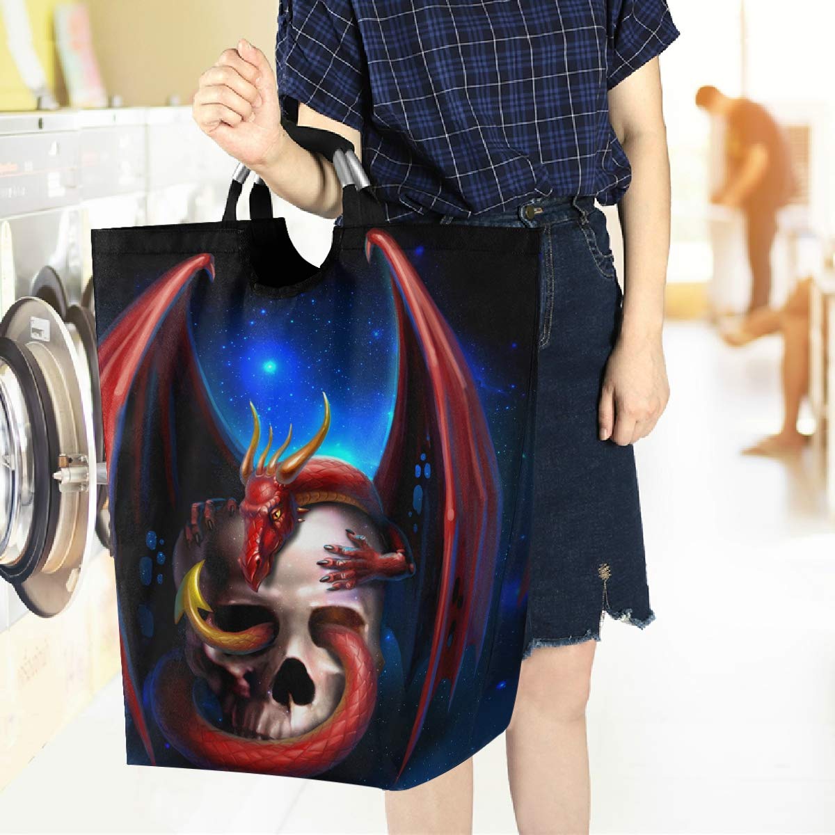 Visesunny Red Dragon Skull Large Laundry Bag - Collapsible Oxford Fabric Laundry Hamper with Handles, Foldable Portable Dirty Clothes Basket, Waterproof Washing Bin & Laundry Tote Bag for College Dorm, Camping, Travel & Home Organization