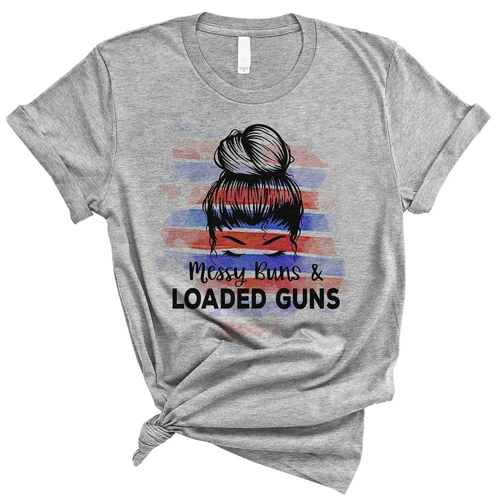 Unisex Messy Buns and Loaded Guns Graphic T-Shirt - Funny Sarcastic Tee for Women & Men - Perfect for Casual Wear, Gym, or Parties