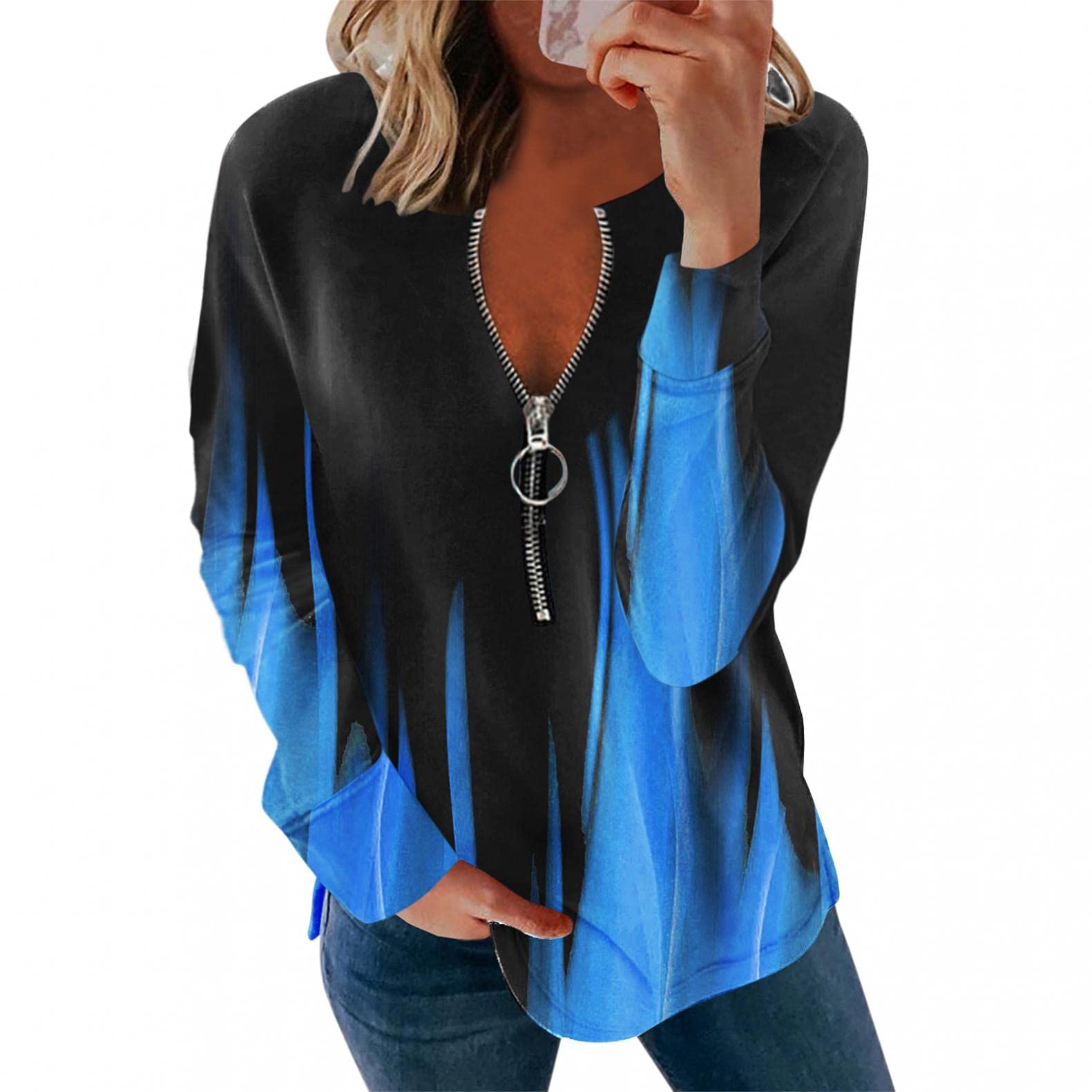 FABIURT Women's Long Sleeve Tops - Fashion Feather Printed V-Neck Casual T-Shirts & Blouses for Everyday Wear | Perfect for Office, Dating & Fall Layering