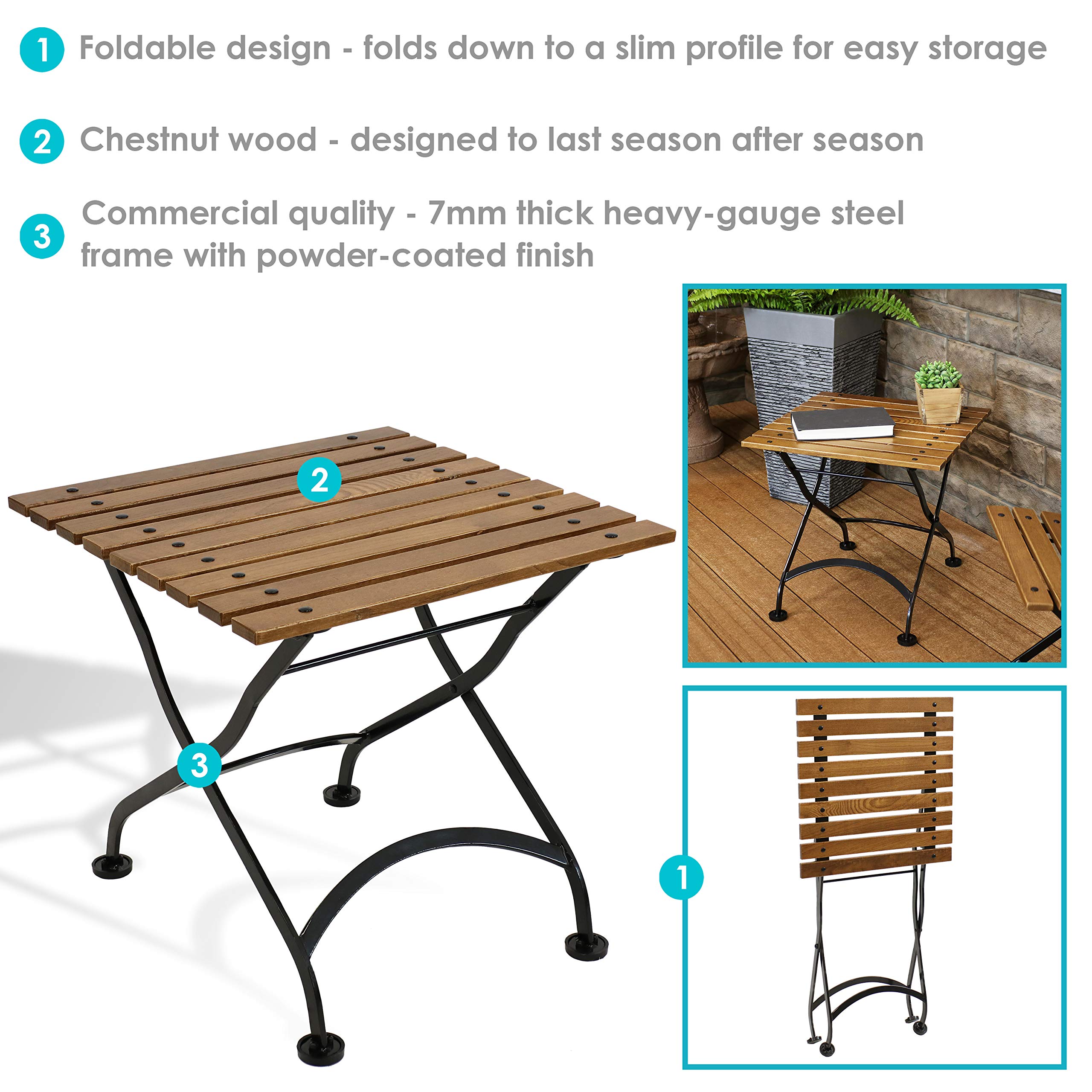 Sunnydaze European Chestnut Wood Folding Square Side Table - 20 Inch Brown Indoor Outdoor Patio Furniture - Perfect for Garden, Poolside, Balcony & Living Room Decor