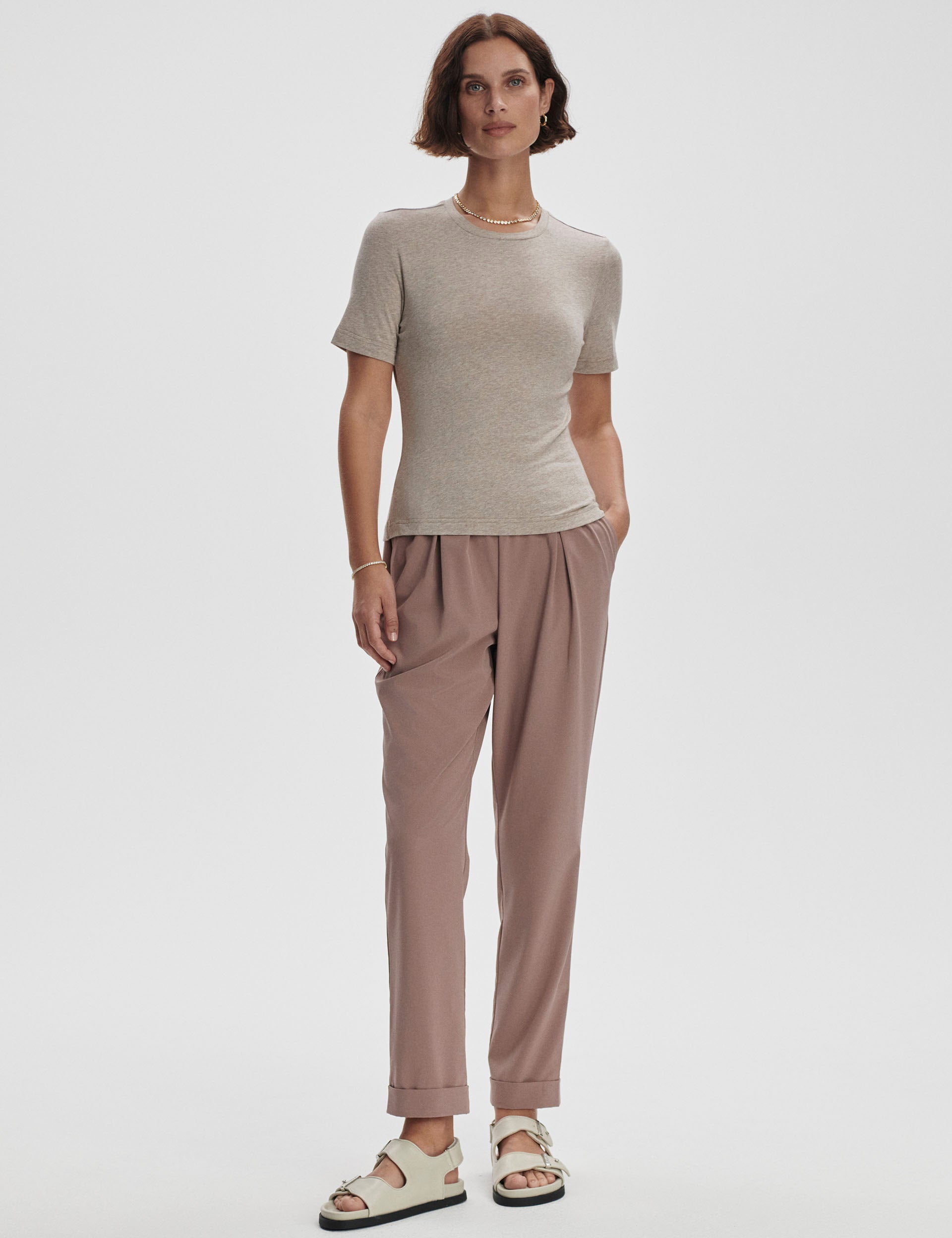 Regina Fitted Tee - Soft Taupe Marl Women's T-Shirt | Slim Fit Casual Top for Everyday Wear & Layering