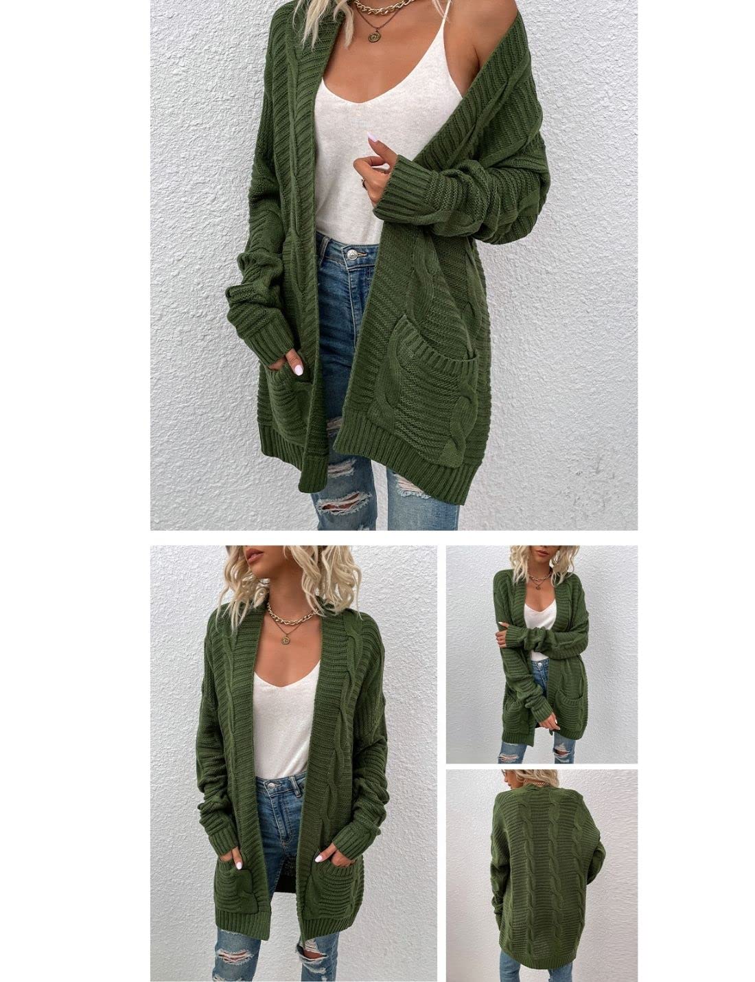 Kinkia Women's Open Front Cardigan Sweater - Casual Loose Long Sleeve Cable Knit Sweater with Pockets - Perfect for Office, Lounge & Fall Layering