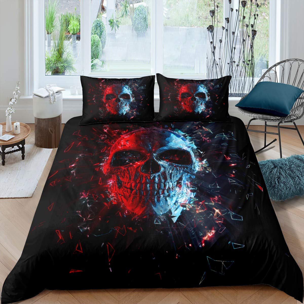 3D Skull Print Comforter Cover Set - Halloween Themed Bedding for Boys, Mexican Skeleton Duvet Cover, Twin Size 2-Piece Set | Perfect for Teen Bedroom Decor & Gothic Style Home