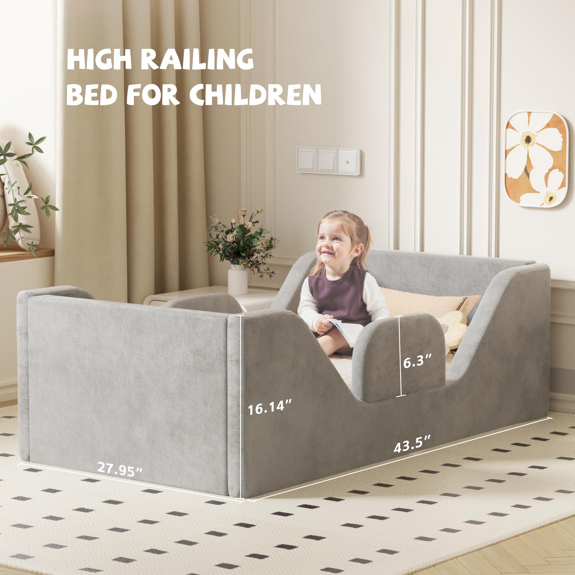 **Toddler Floor Bed Frame with Guard Rails - Safe & Certified Fabric Small Bed for Boys & Girls Aged 1-2 Years (Grey) | Perfect for Montessori Bedrooms & Child Safety**
