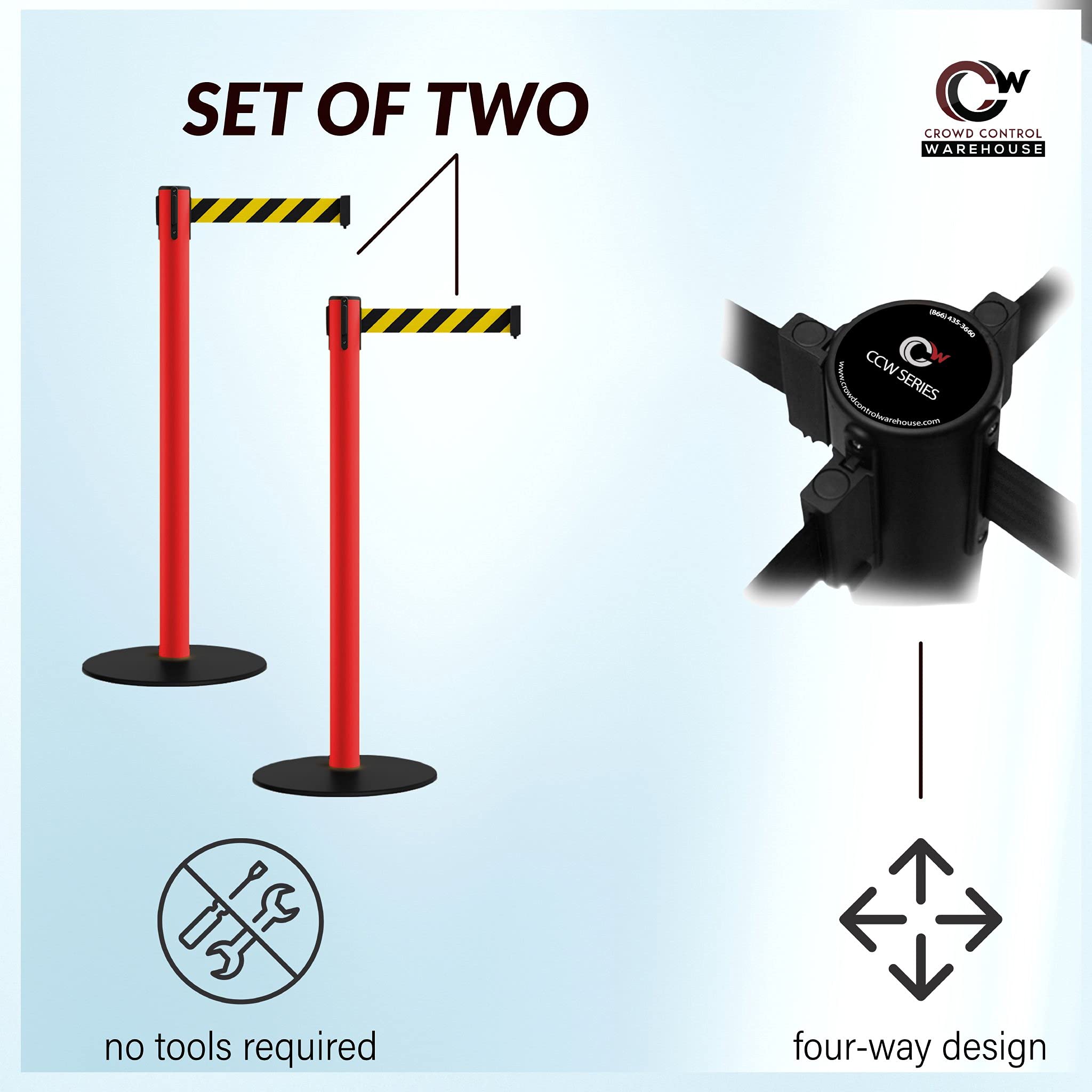 Retractable Belt Barrier Stanchion Set of 2 - Low Profile Base with Red Posts & 7.5ft Blue Belt - CCW Approved for Crowd Control | Perfect for Events, Queues, and Retail Spaces