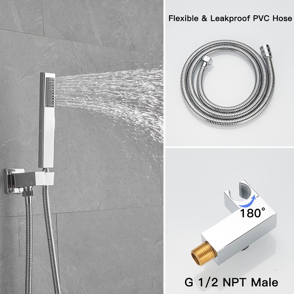 BWE 16 Inch Ceiling Mounted Luxury Shower System - Chrome Rainfall Shower Head with Handheld Spray, Modern Bathroom Mixer Combo Set (Includes Rough-in Valve Body & Trim) - Perfect for Spa-Like Showers and Contemporary Bathroom Upgrades