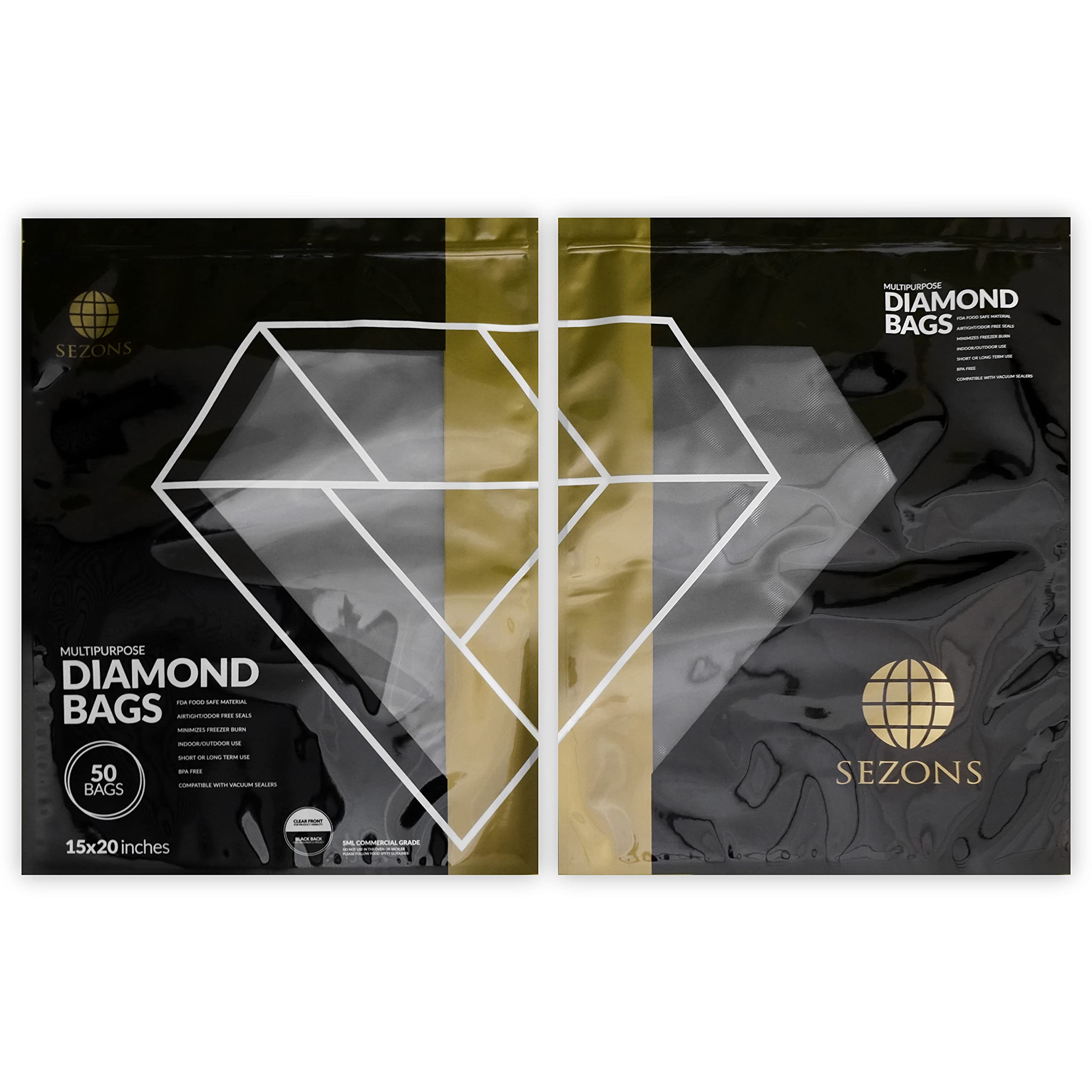 Premium Diamond Bags - 5mil Heavy Duty Vacuum Sealing Bags (15x20 Inches, 50 Pack) - Black/Clear Storage Bags for Jewelry, Food, Clothes & Organizing - Airtight Protection for Home, Travel & Business Use