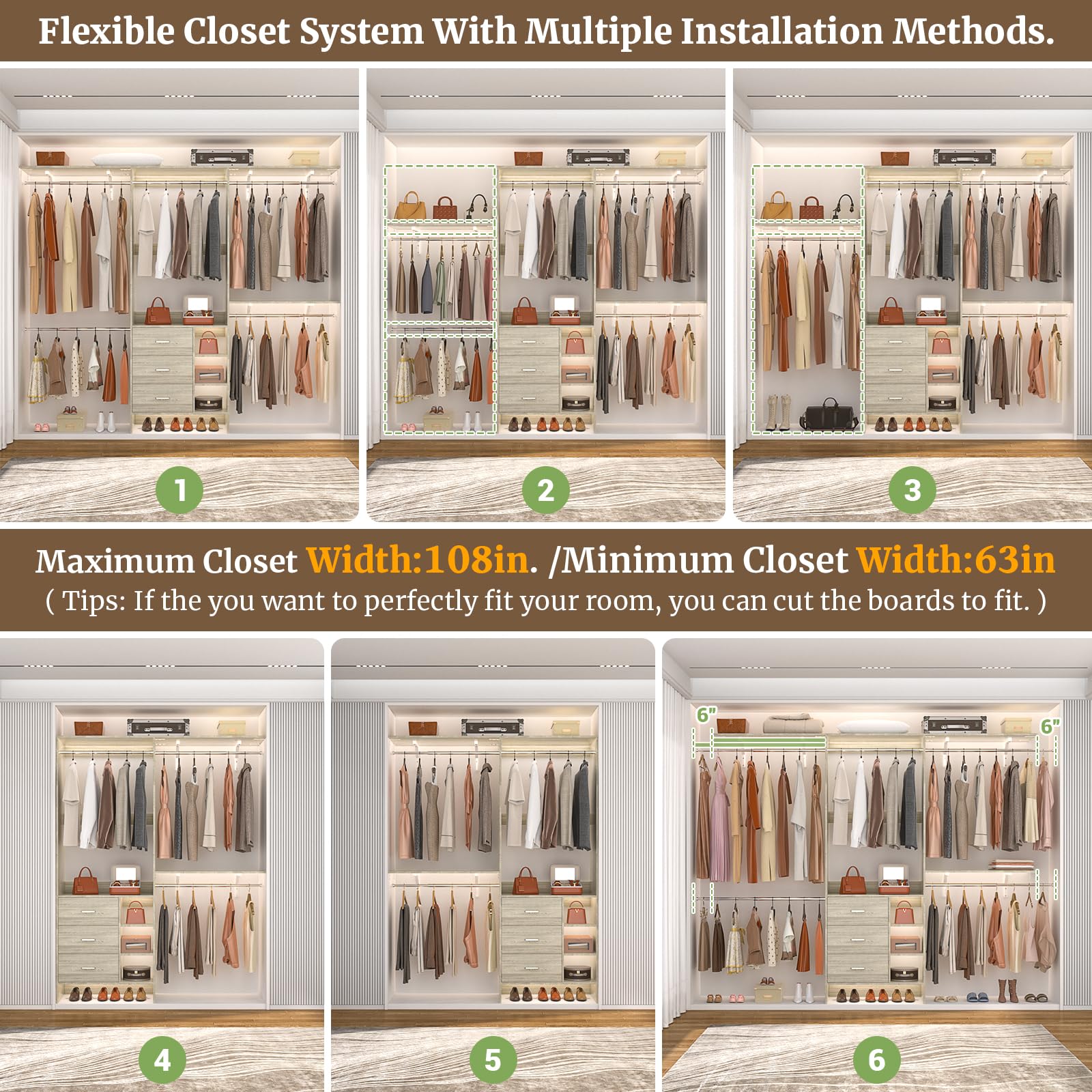 Aheaplus 8FT Walk-in Closet Organizer System with 3 Wooden Drawers - Fits 5.3-9 ft Closets, White Oak Finish | Perfect for Bedroom Storage, Wardrobe Organization & Small Space Solutions
