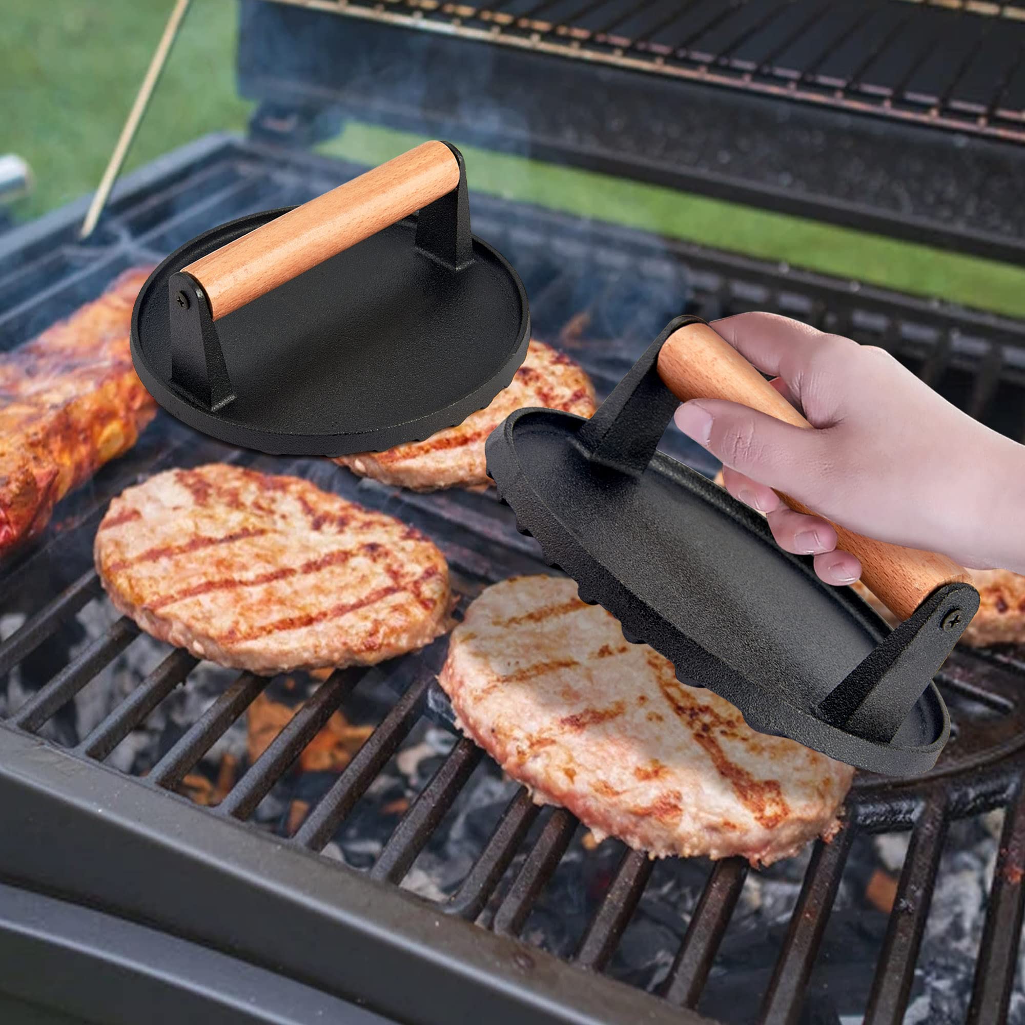 Leonyo 3-Piece Grill Press Set - 7 Inch Round Heavy Duty Cast Iron Burger Press with Ergonomic Wood Handle - Perfect for Smash Burgers, Griddle Cooking, Hamburgers, Steaks, Patties & Panini - Ideal for BBQ, Stovetop & Outdoor Grilling - Nonstick & Durable for Professional & Home Use