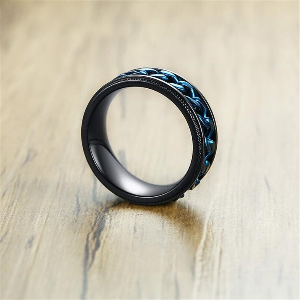 8mm Stainless Steel Spinner Ring for Men - Black & Blue Wedding Band with Grooved Edge - Perfect for Gifts, Engagements, and Everyday Wear
