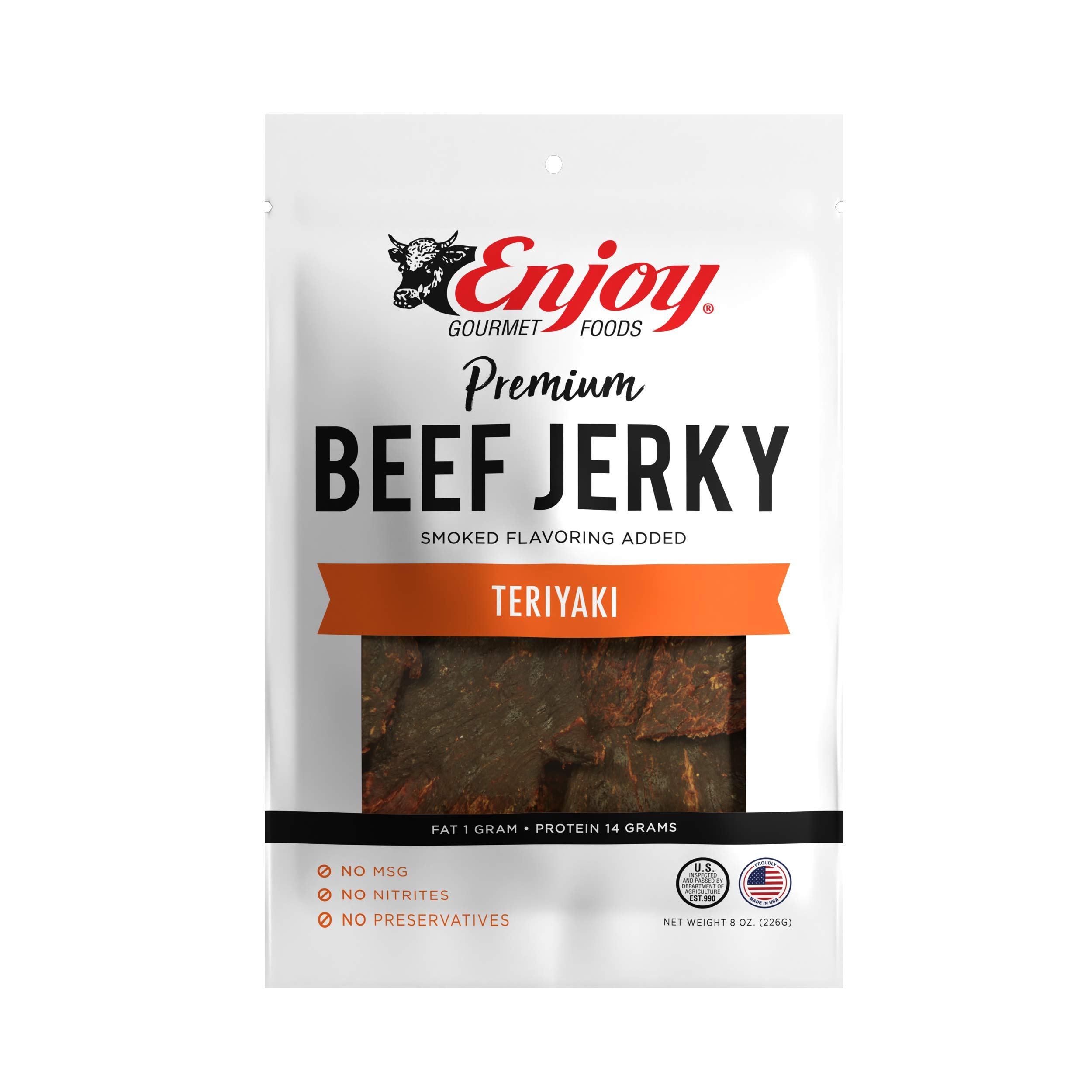 Premium Teriyaki Beef Jerky 8 oz (Pack of 8) | Traditional USA-Made High Protein Snack | Low Fat, No Trans Fat, Preservative-Free | No MSG or Nitrites | Resealable Bags for Freshness | Perfect for Hiking, Camping & On-the-Go Protein Boost