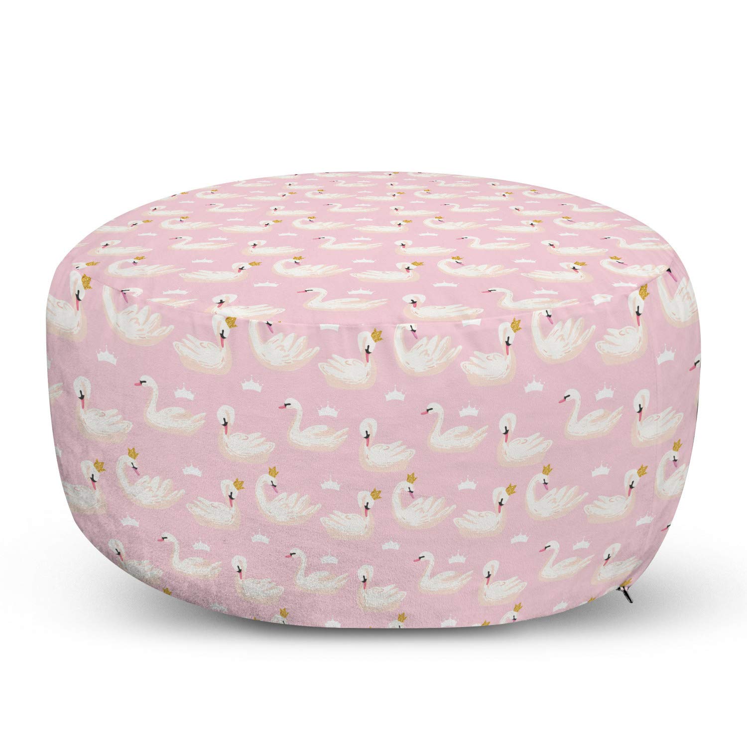 Ambesonne Swans Ottoman Pouf with Crown Design - Decorative Foot Rest Stool with Removable Cover - Pale Pink Cream Soft Fabric for Living Room, Bedroom & Nursery - Perfect for Relaxing, Reading or as Extra Seating