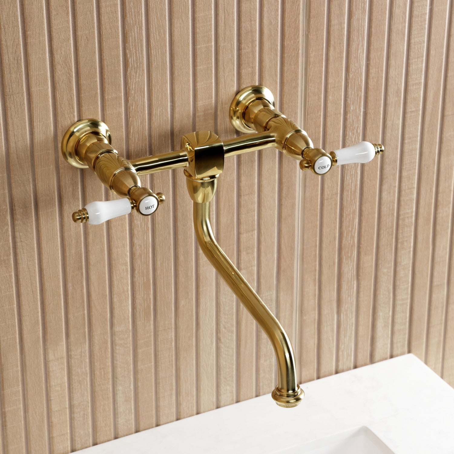 Bel Air KS1217BPL Double Handle 2 Hole Wall Mount Bathroom Faucet in Brushed Brass - Perfect for Modern Bathrooms, Powder Rooms, and Spa-Like Retreats