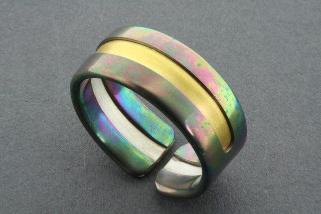 Rainbow Titanium Line Ring with Gold Accent - Sterling Silver & Titanium Wedding Band for Women - Perfect for Engagement, Anniversary, and Everyday Wear