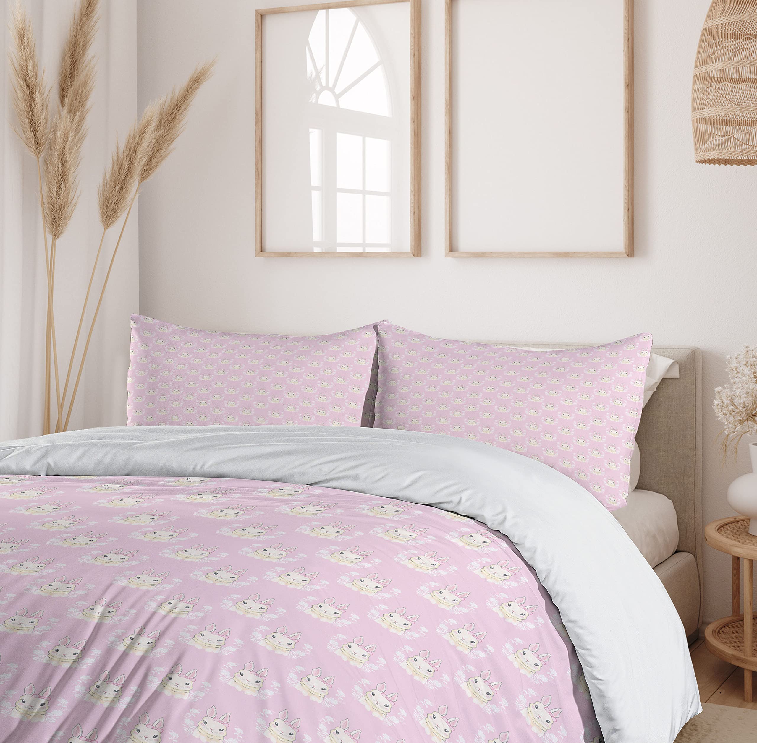Ambesonne Easter Bunny Duvet Cover Set - Floral Spring Rabbit with Ribbons Design in Soft Pink Tones, 3-Piece Queen Size Bedding Set with 2 Pillow Shams (Rose Champagne) | Perfect for Spring Decor, Easter Gift, and Cozy Bedroom Makeover