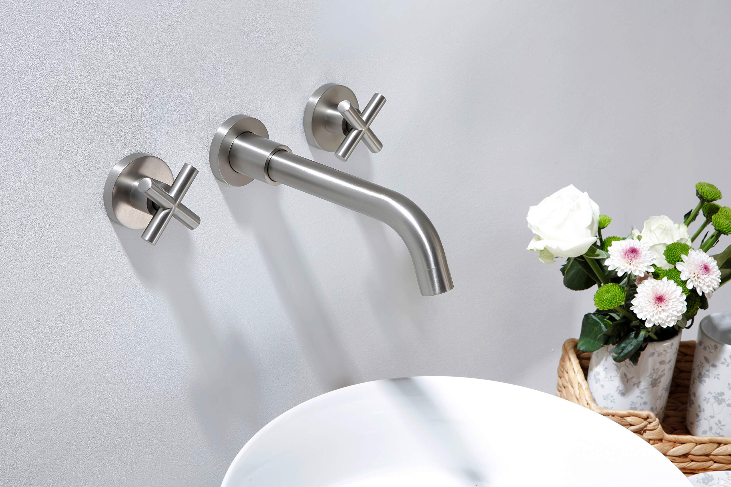 Brushed Nickel Wall Mount Bathroom Faucet - Double Handle Sink Faucet with Rough-in Valve - Modern Waterfall Bathroom Sink Faucet for Powder Room, Guest Bath & Small Spaces